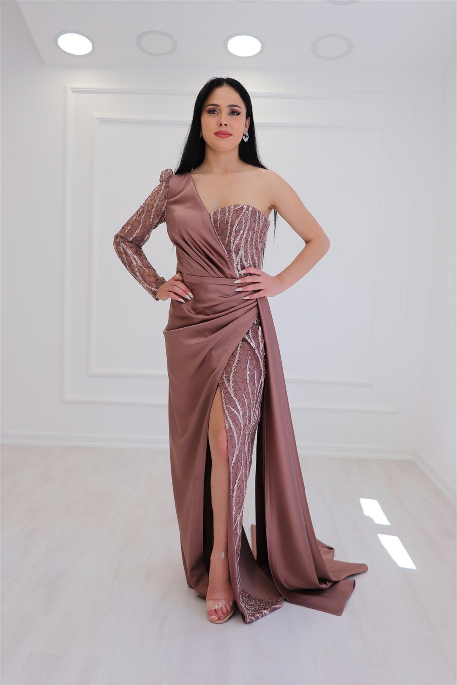 Bronz Saten Tek Kol Abiye Elbise 2885