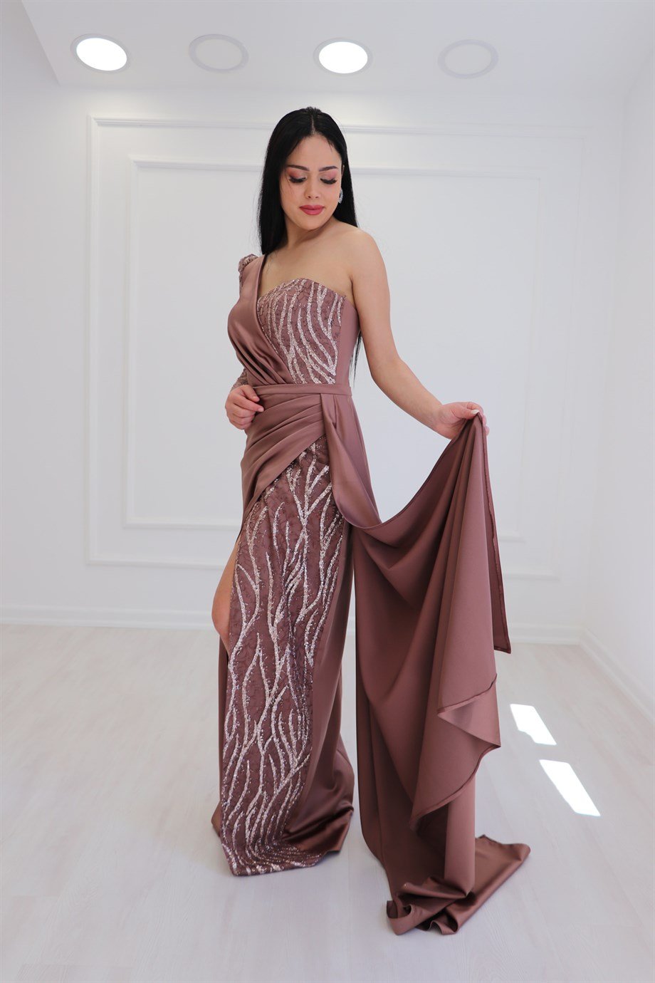 Bronz Saten Tek Kol Abiye Elbise 2885