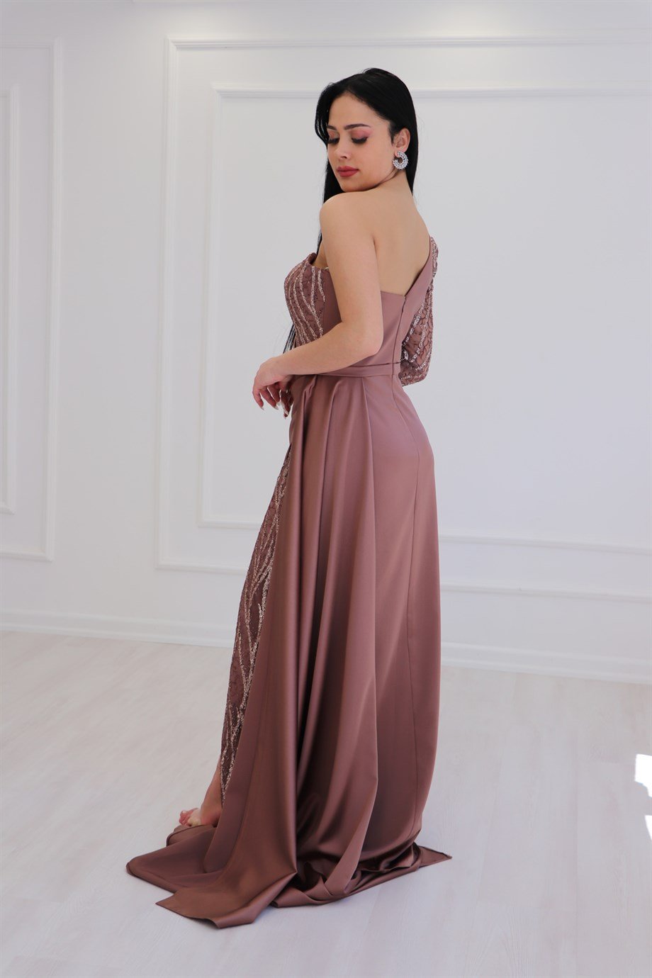 Bronz Saten Tek Kol Abiye Elbise 2885