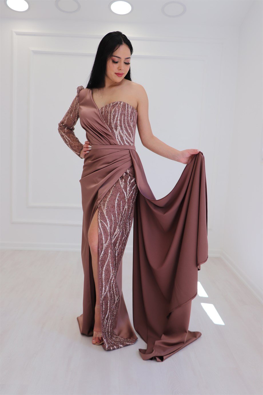 Bronz Saten Tek Kol Abiye Elbise 2885