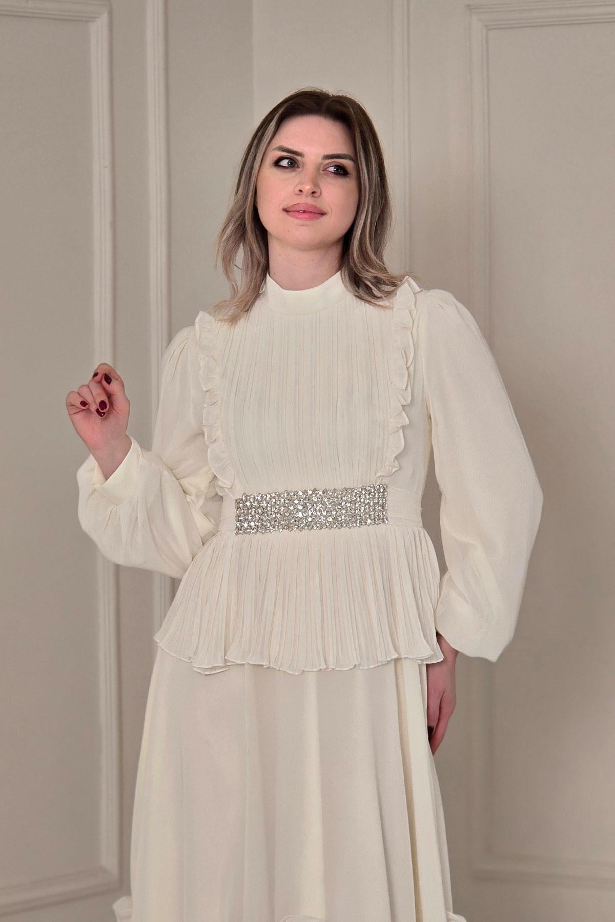Ekru Drapeli Tesettür Abiye 4881