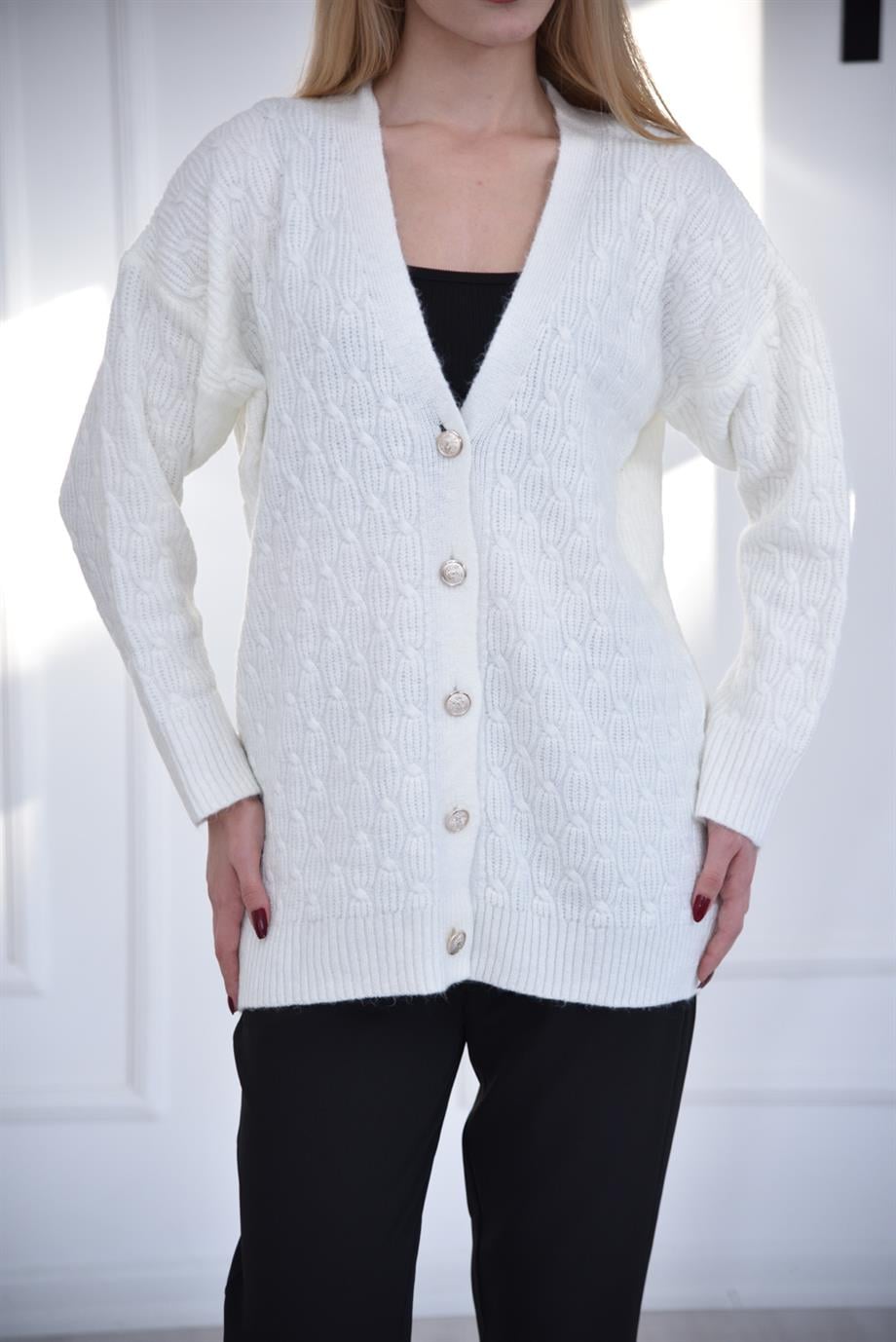 Ekru Düğmeli Uzun Oversize Hırka 23190