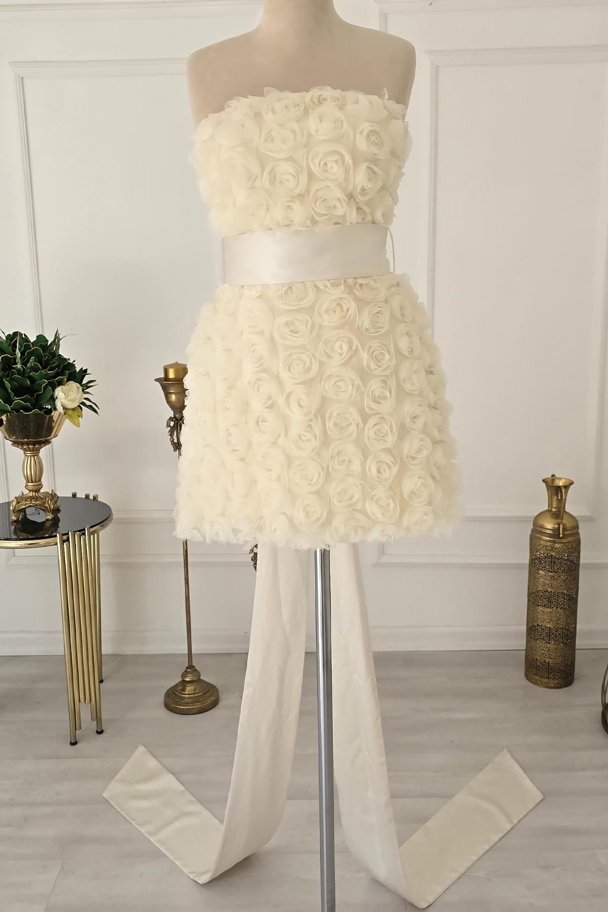 Ekru Straplez Güllü Mini Abiye 58396