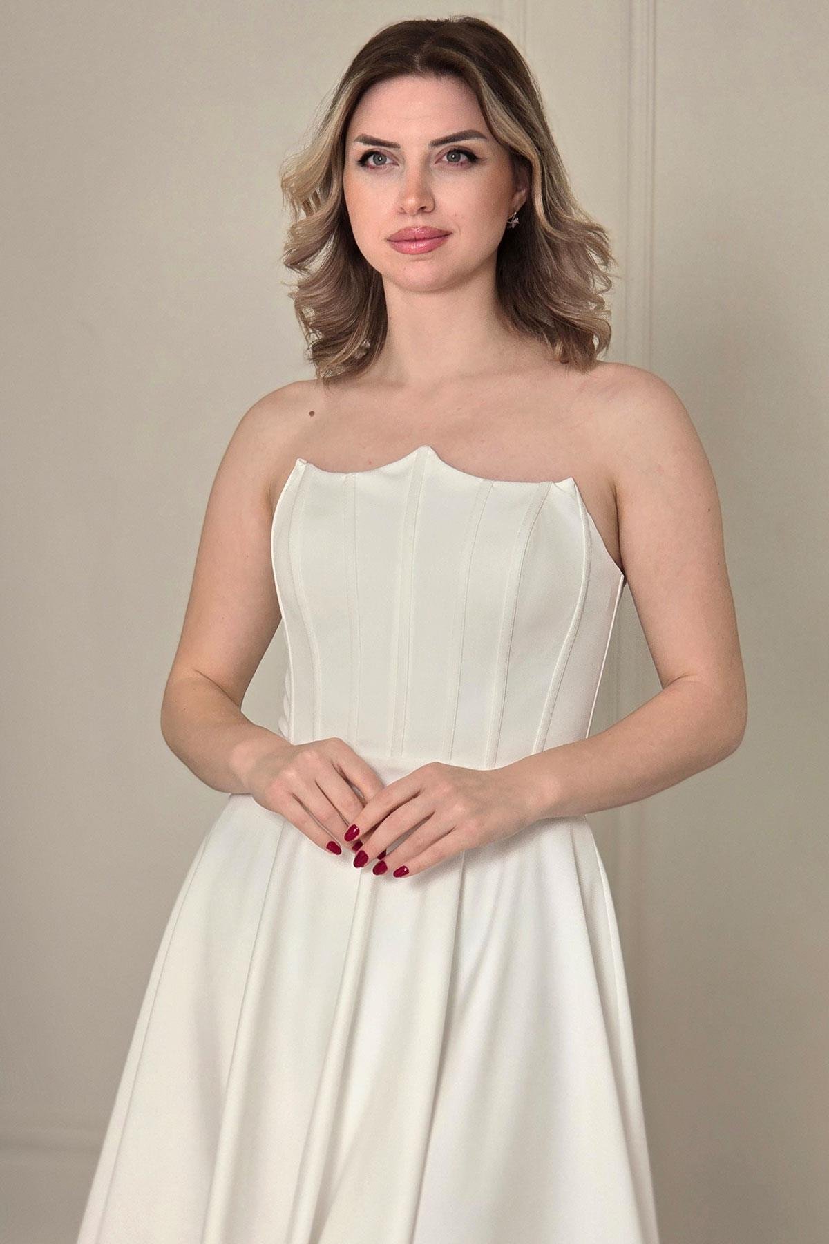 Ekru Straplez Korseli Mini Elbise 4948