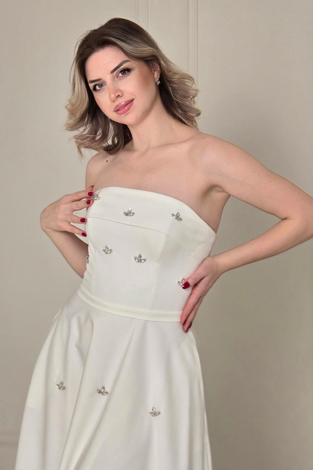 Ekru Straplez Taşlı Elbise 4475