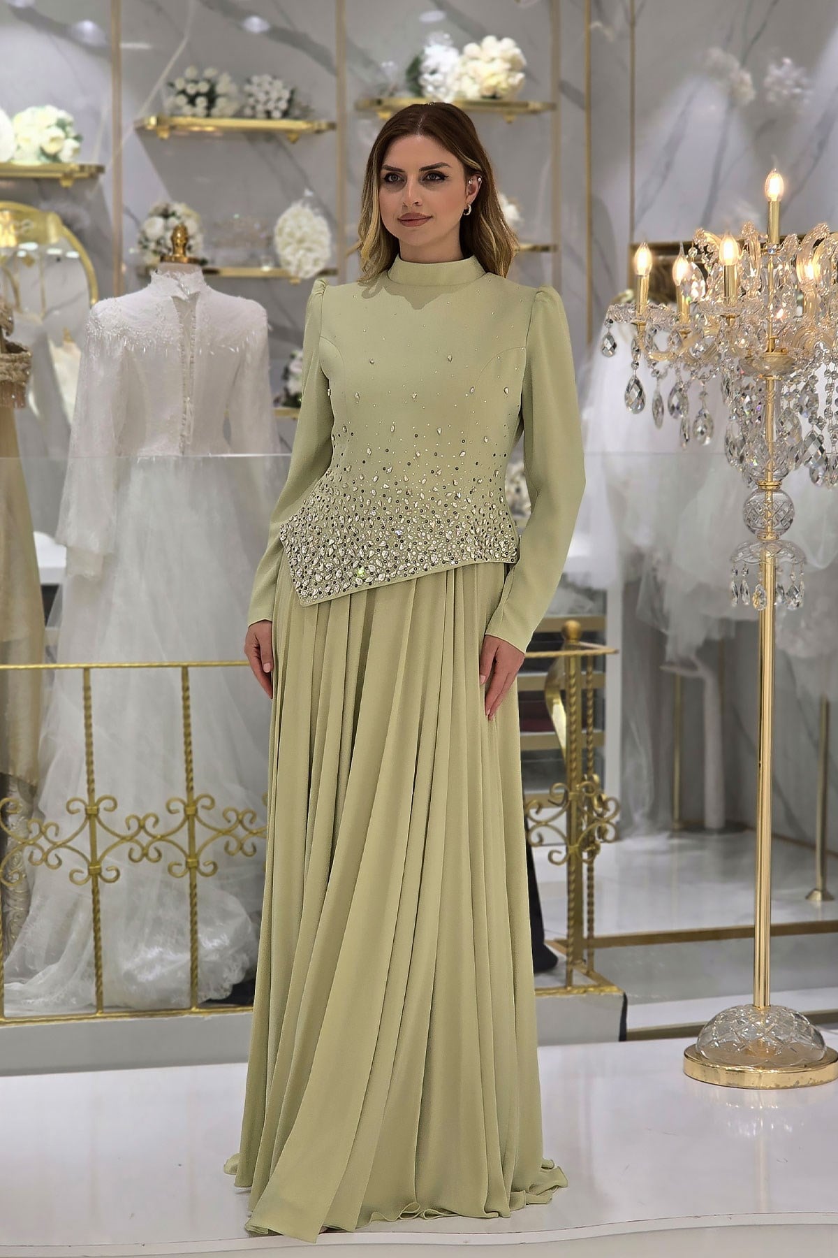 Fıstık Yeşili Taşlı Krep Abiye 4498