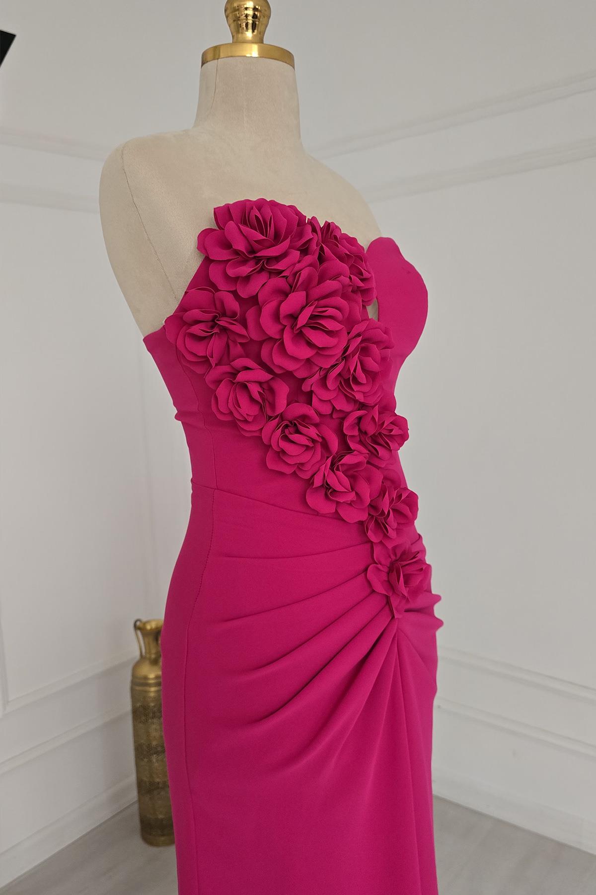 Fuşya Güllü Krep Abiye 6250
