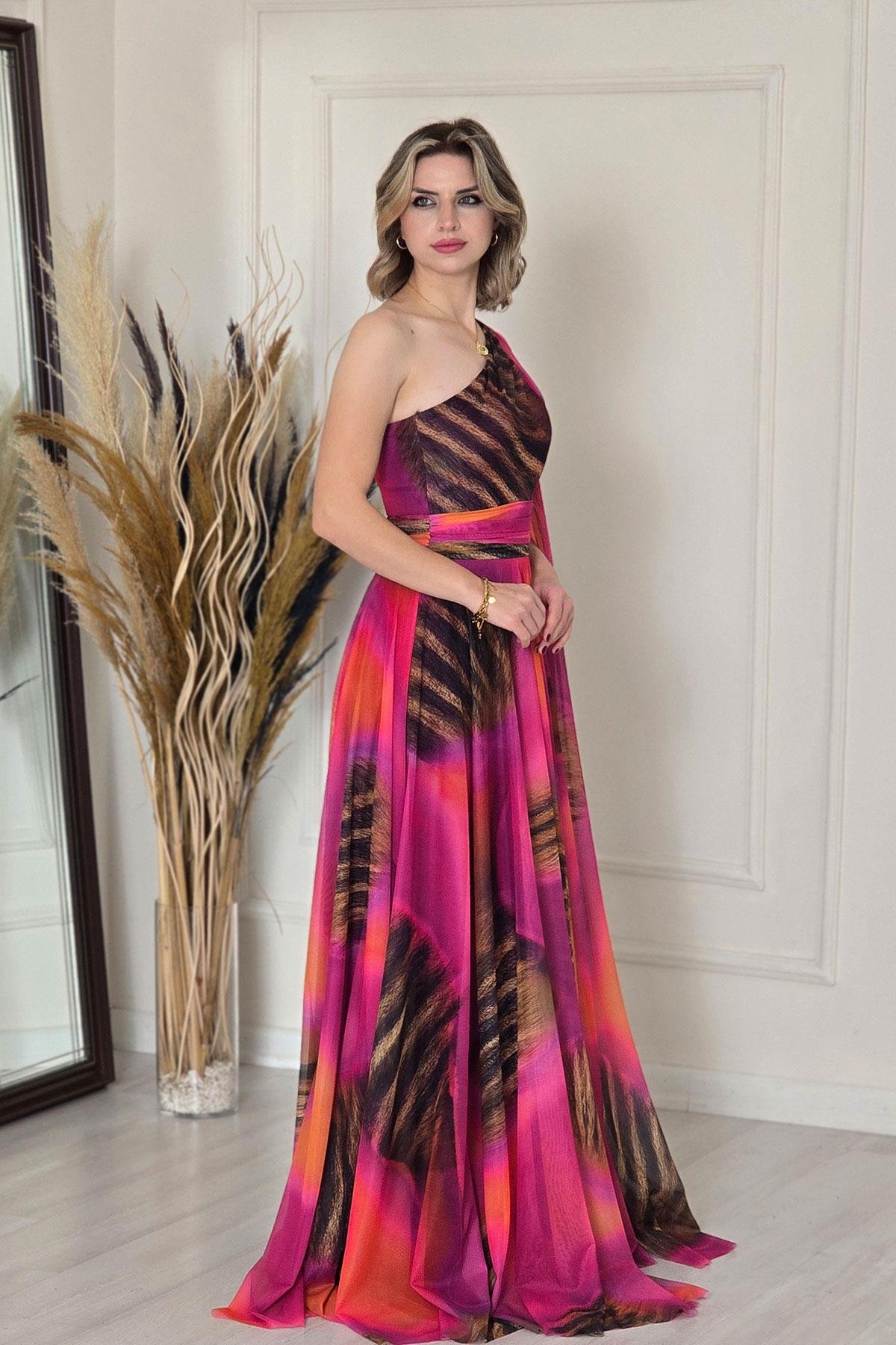 Fuşya Tek Omuz Desenli Abiye 7280