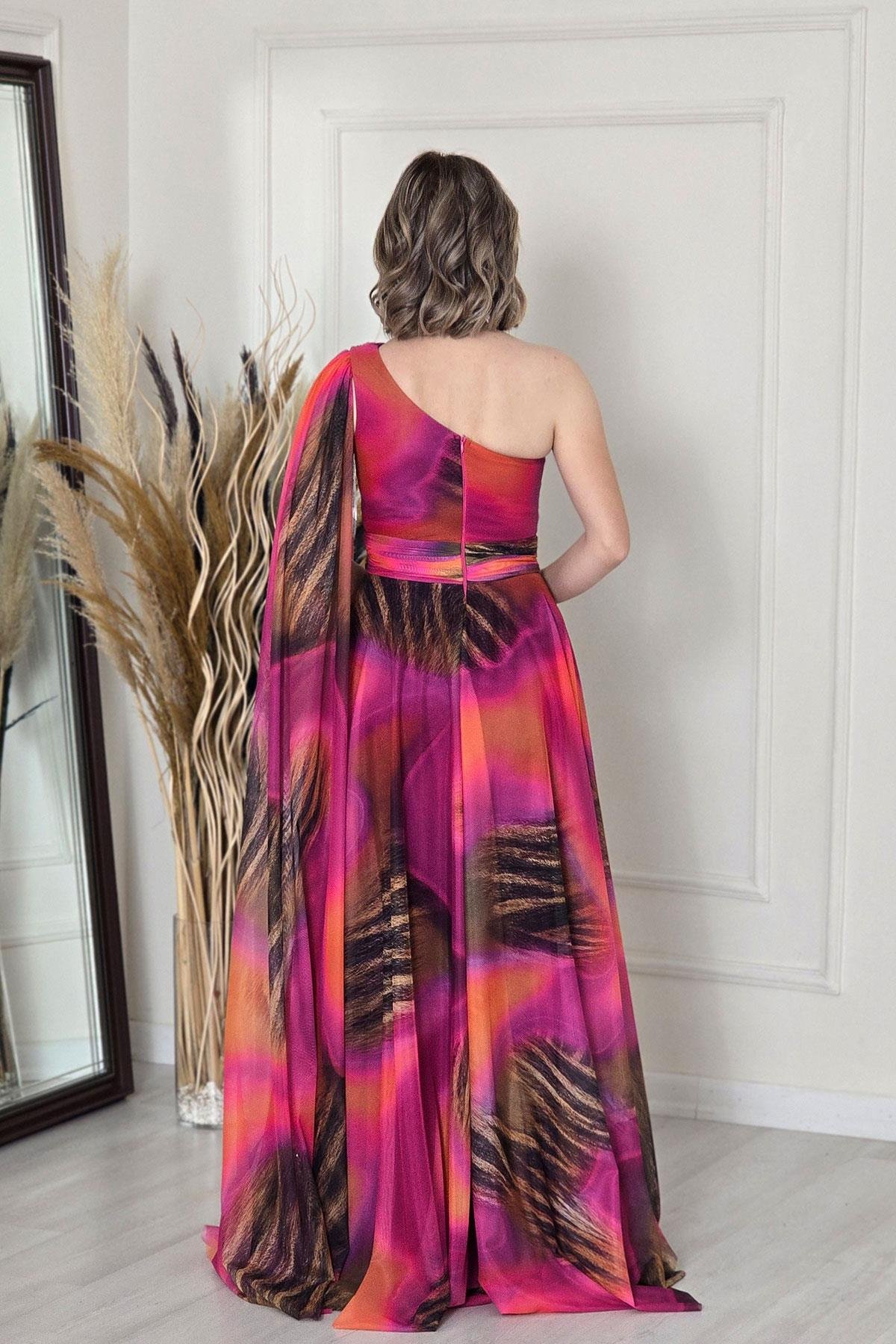 Fuşya Tek Omuz Desenli Abiye 7280