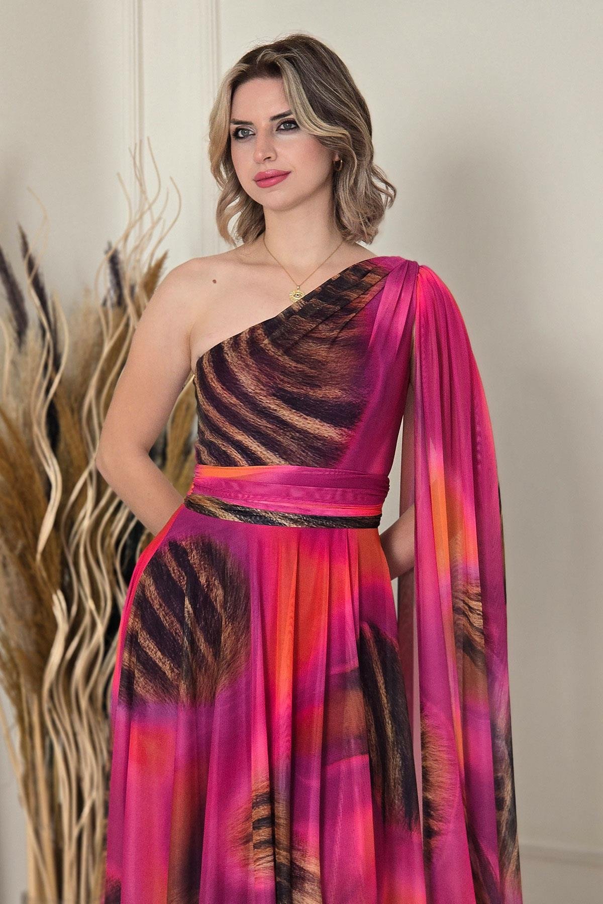 Fuşya Tek Omuz Desenli Abiye 7280