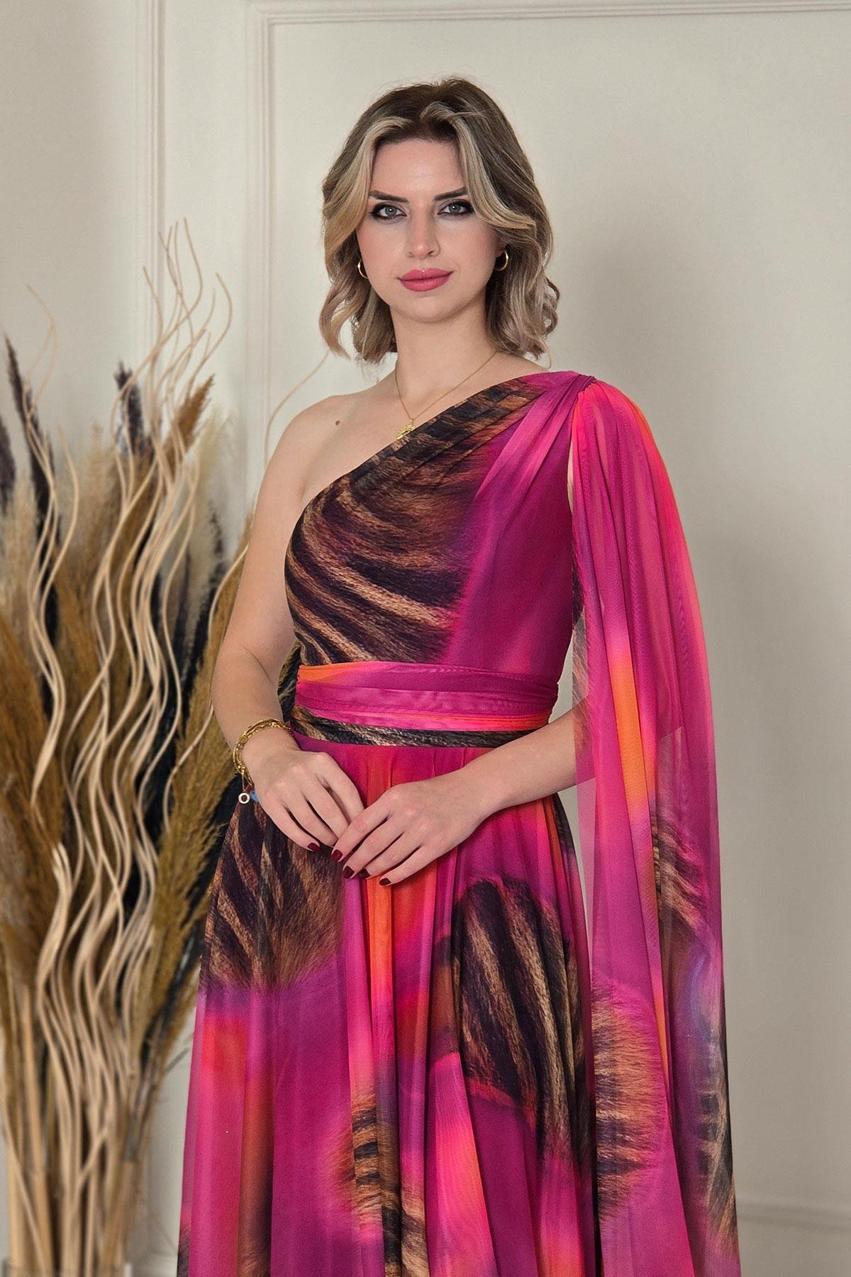 Fuşya Tek Omuz Desenli Abiye 7280