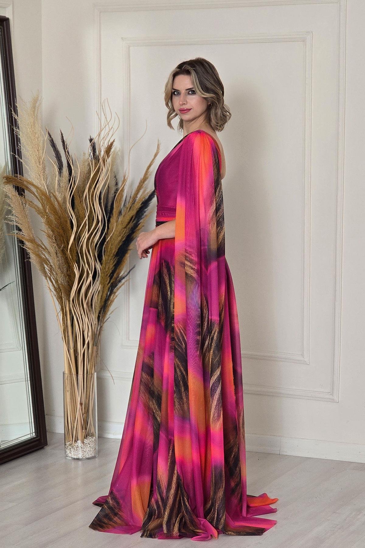 Fuşya Tek Omuz Desenli Abiye 7280