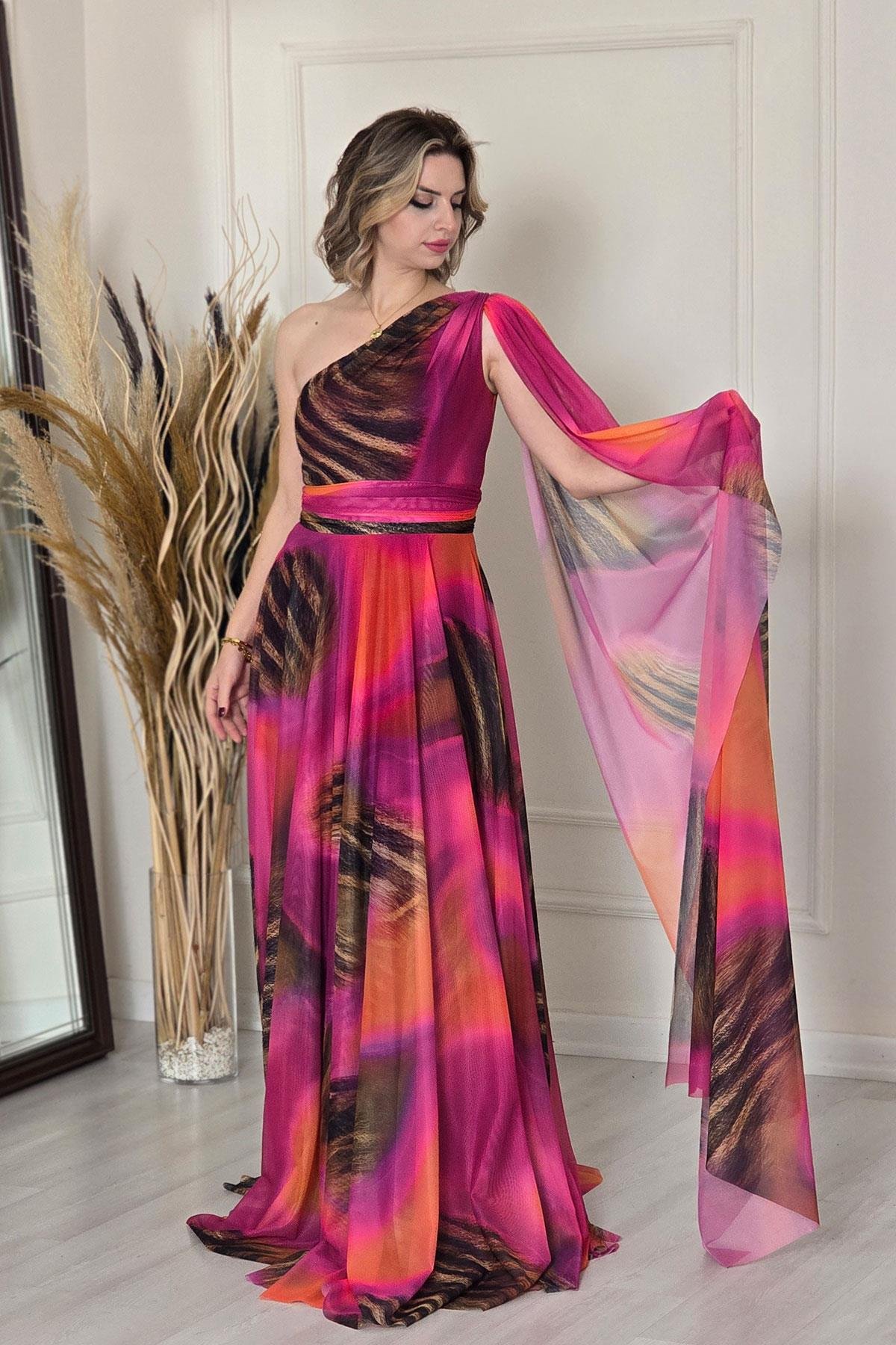 Fuşya Tek Omuz Desenli Abiye 7280