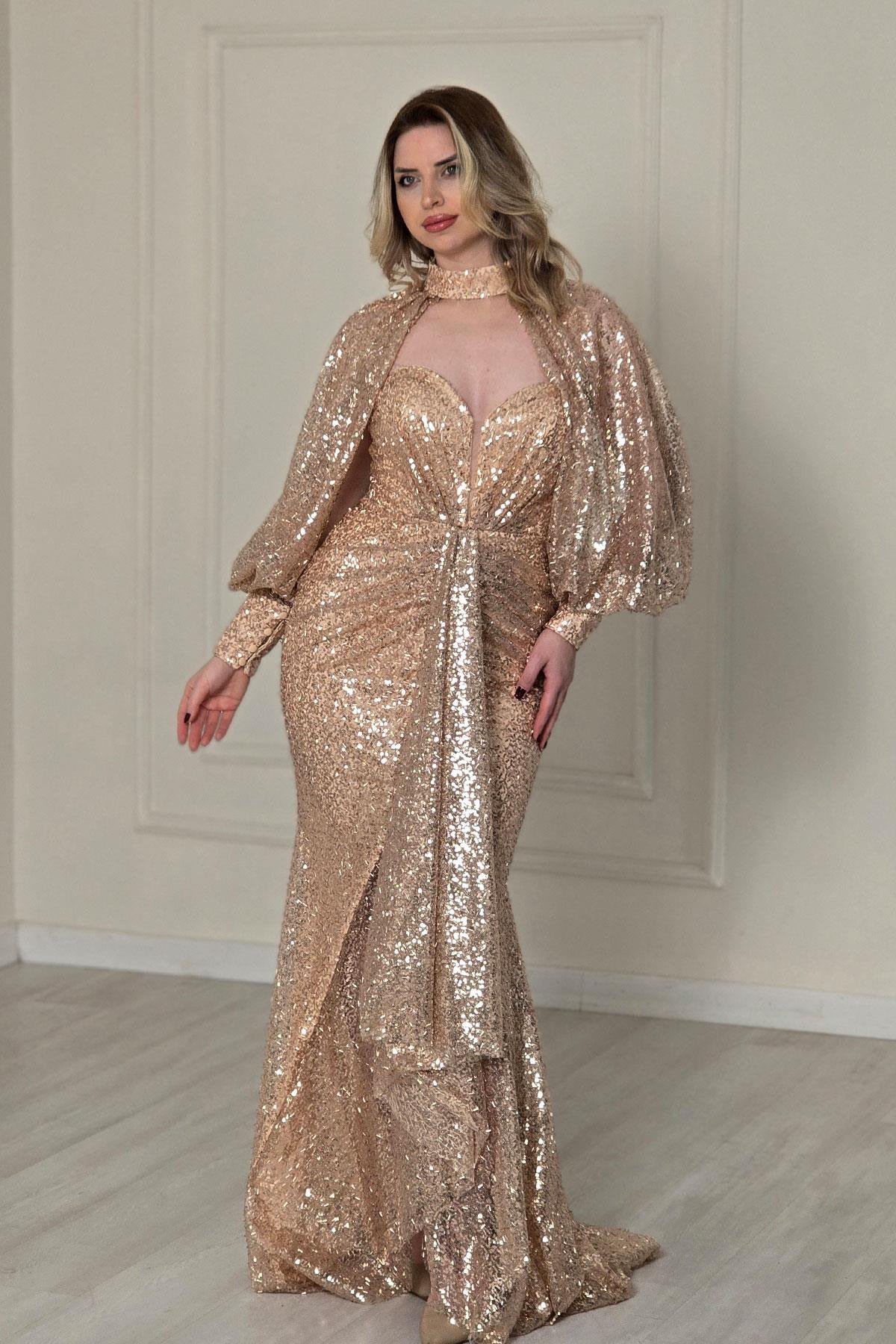 Gold Payet Pelerinli Abiye 4016