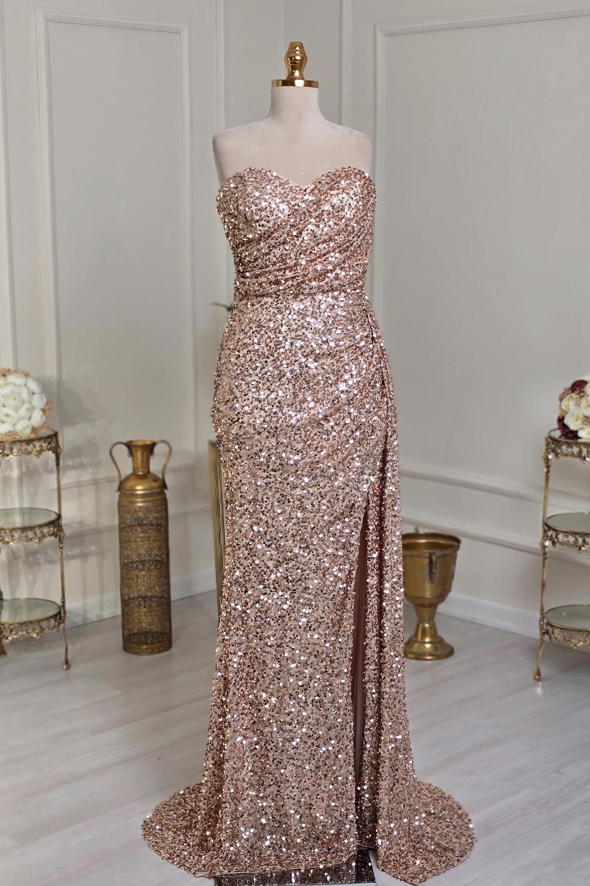 Gold Pullu Straplez Abiye 5266