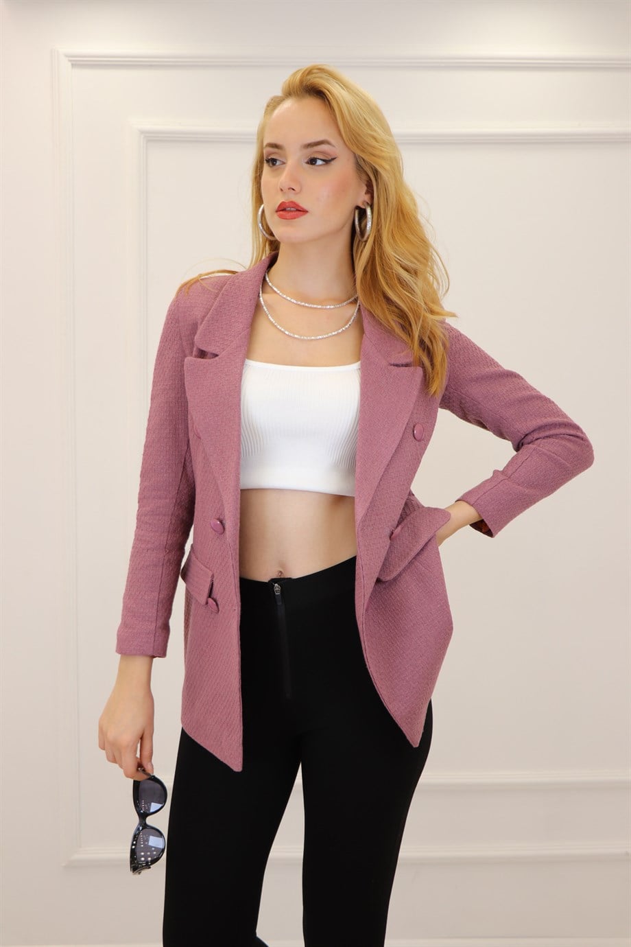 Gül Kurusu Altı Düğmeli Kareli Blazer Ceket 2012