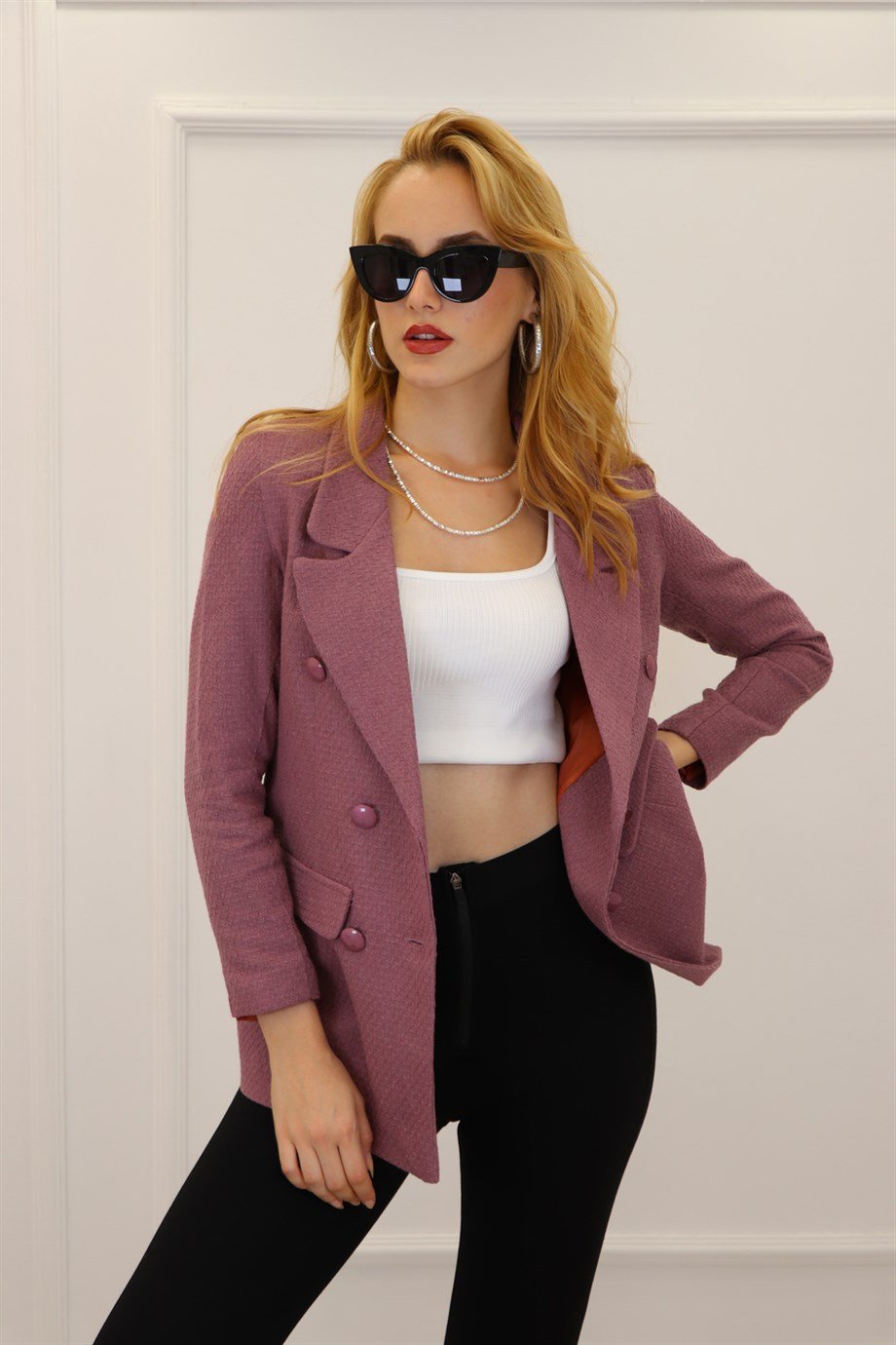 Gül Kurusu Altı Düğmeli Kareli Blazer Ceket 2012