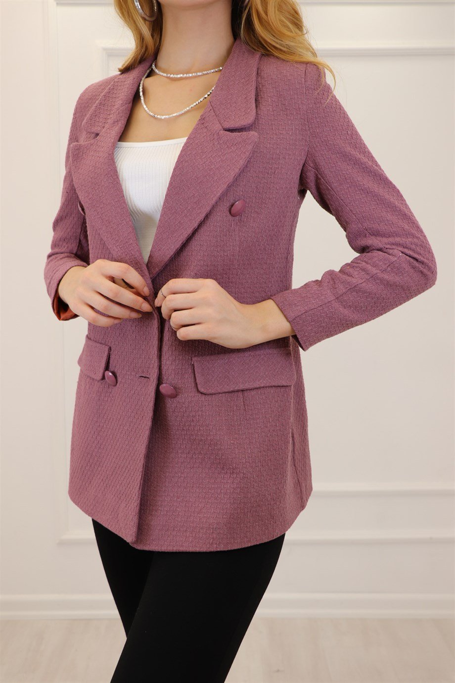 Gül Kurusu Altı Düğmeli Kareli Blazer Ceket 2012