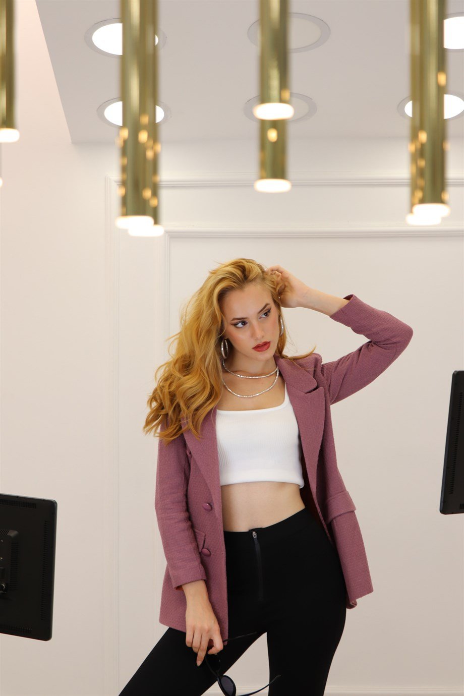 Gül Kurusu Altı Düğmeli Kareli Blazer Ceket 2012