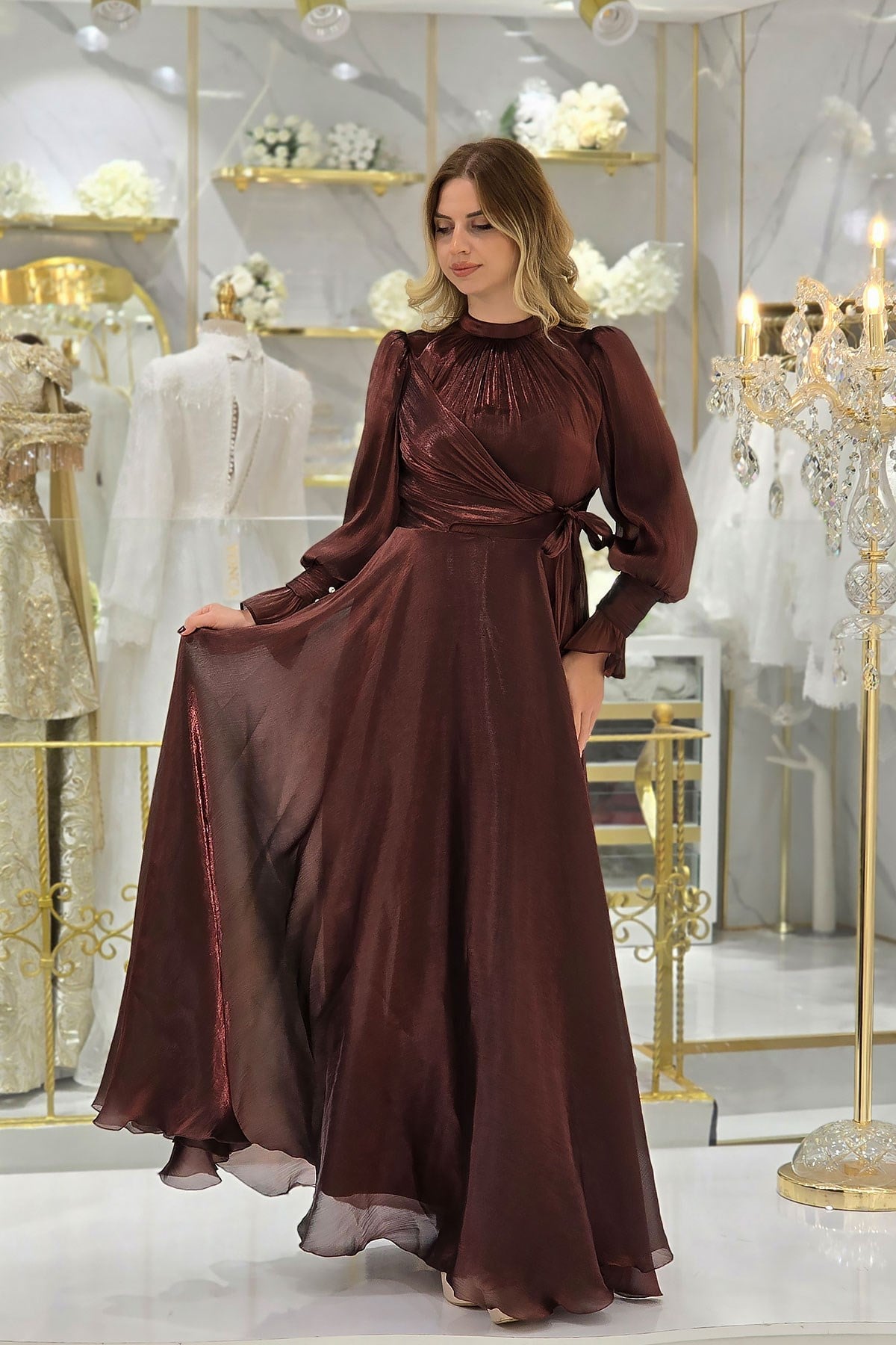 Gül Kurusu Ön Detaylı Kollar Fırfırlı Abiye 4805