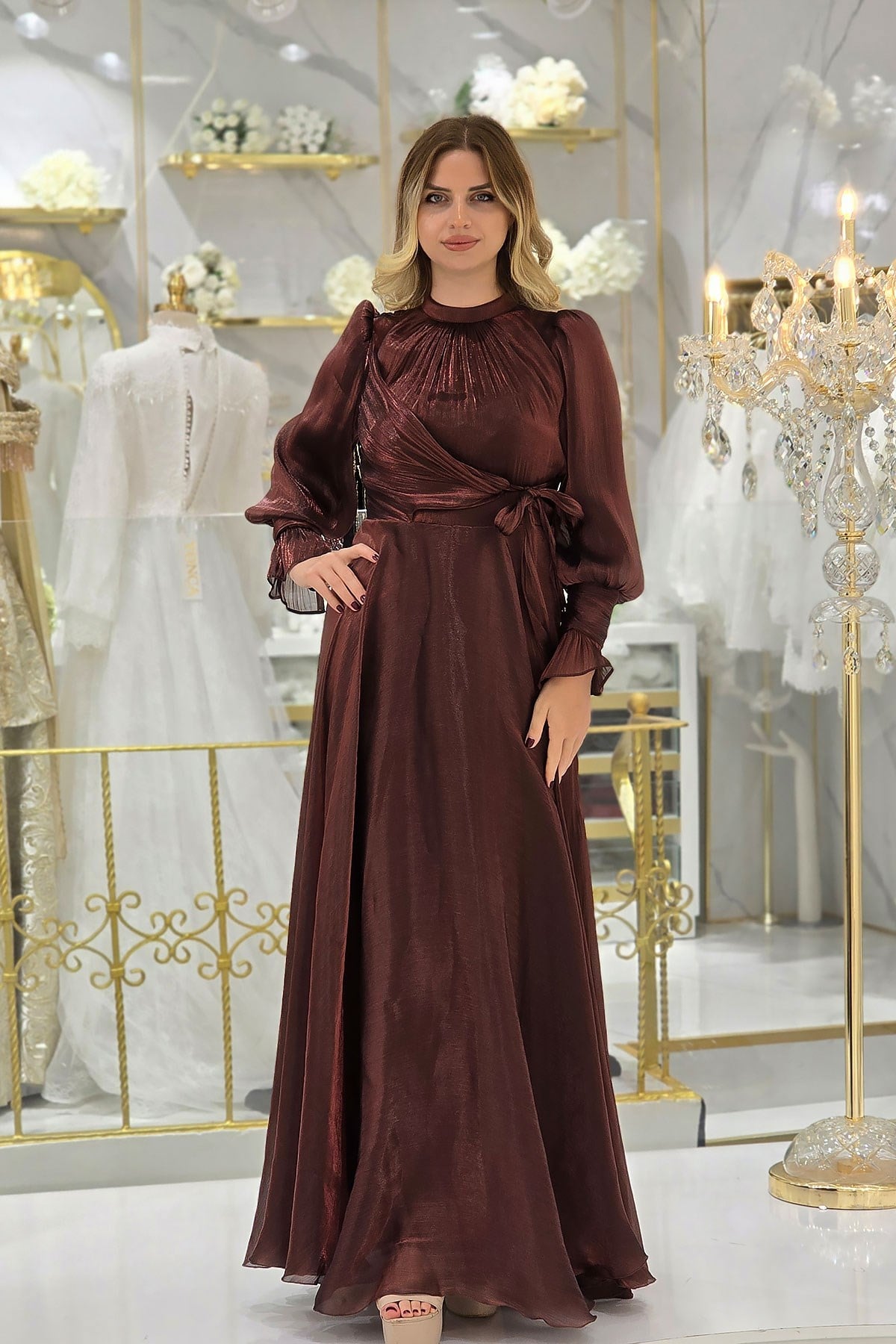 Gül Kurusu Ön Detaylı Kollar Fırfırlı Abiye 4805