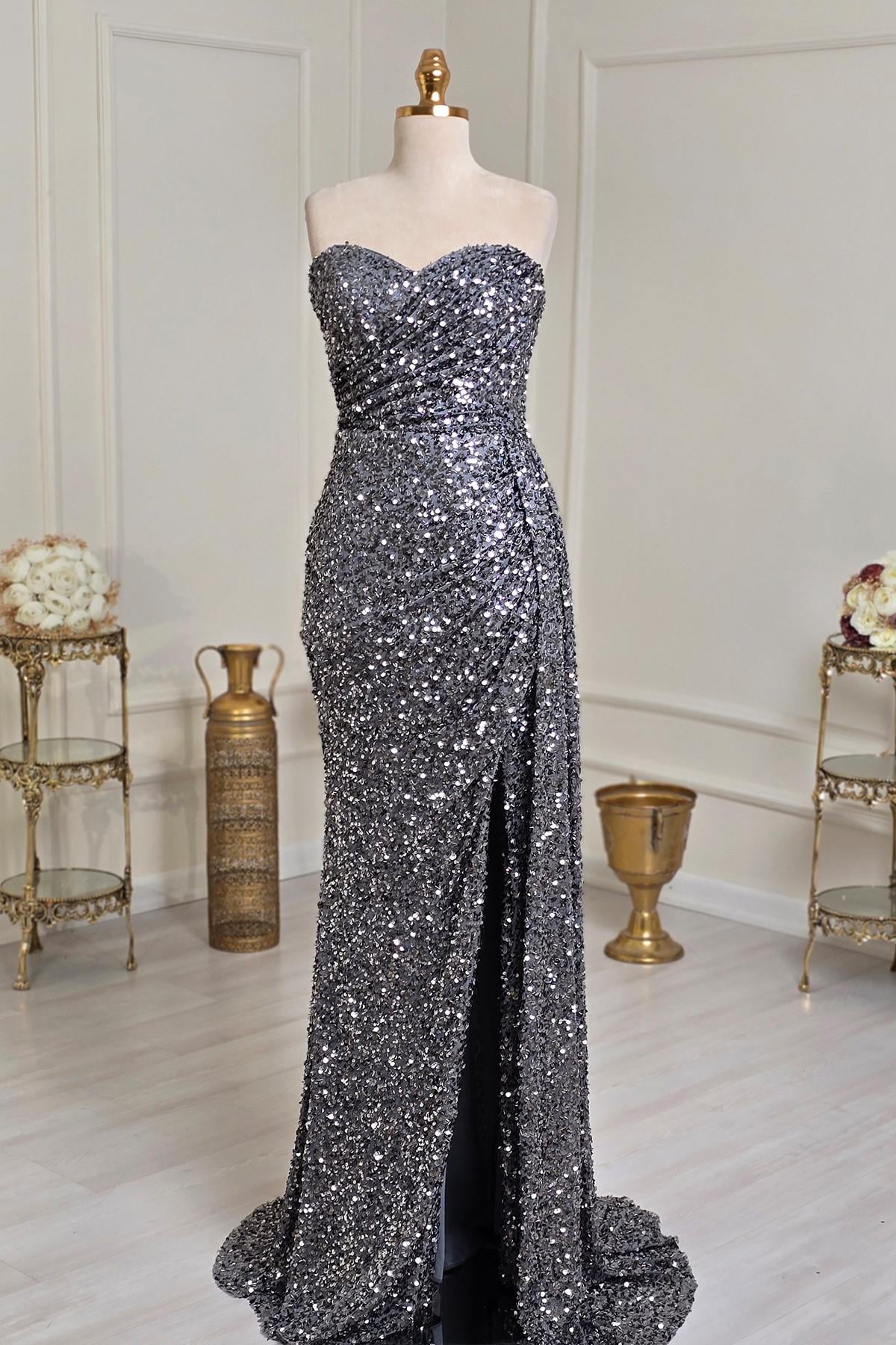 Gümüş Pullu Straplez Abiye 5266