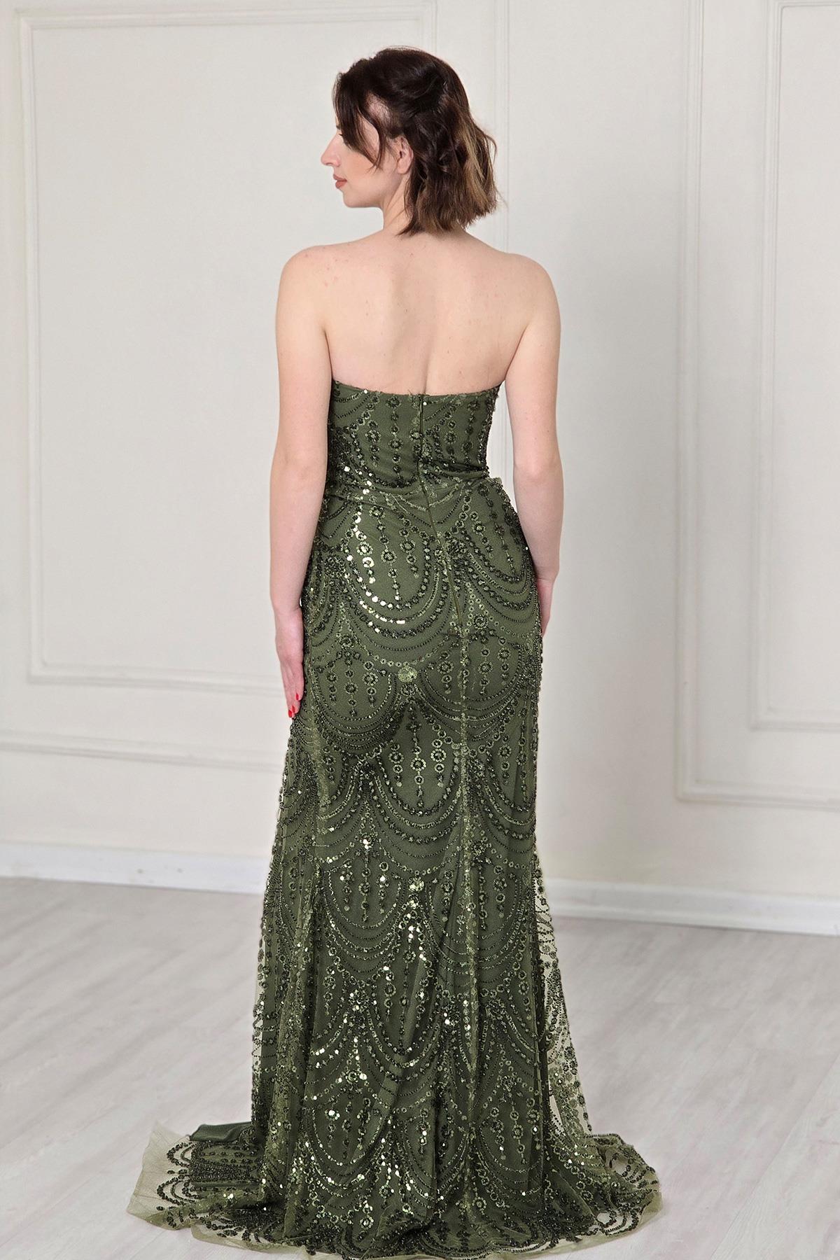 Haki Straplez Taşlı Abiye 5285