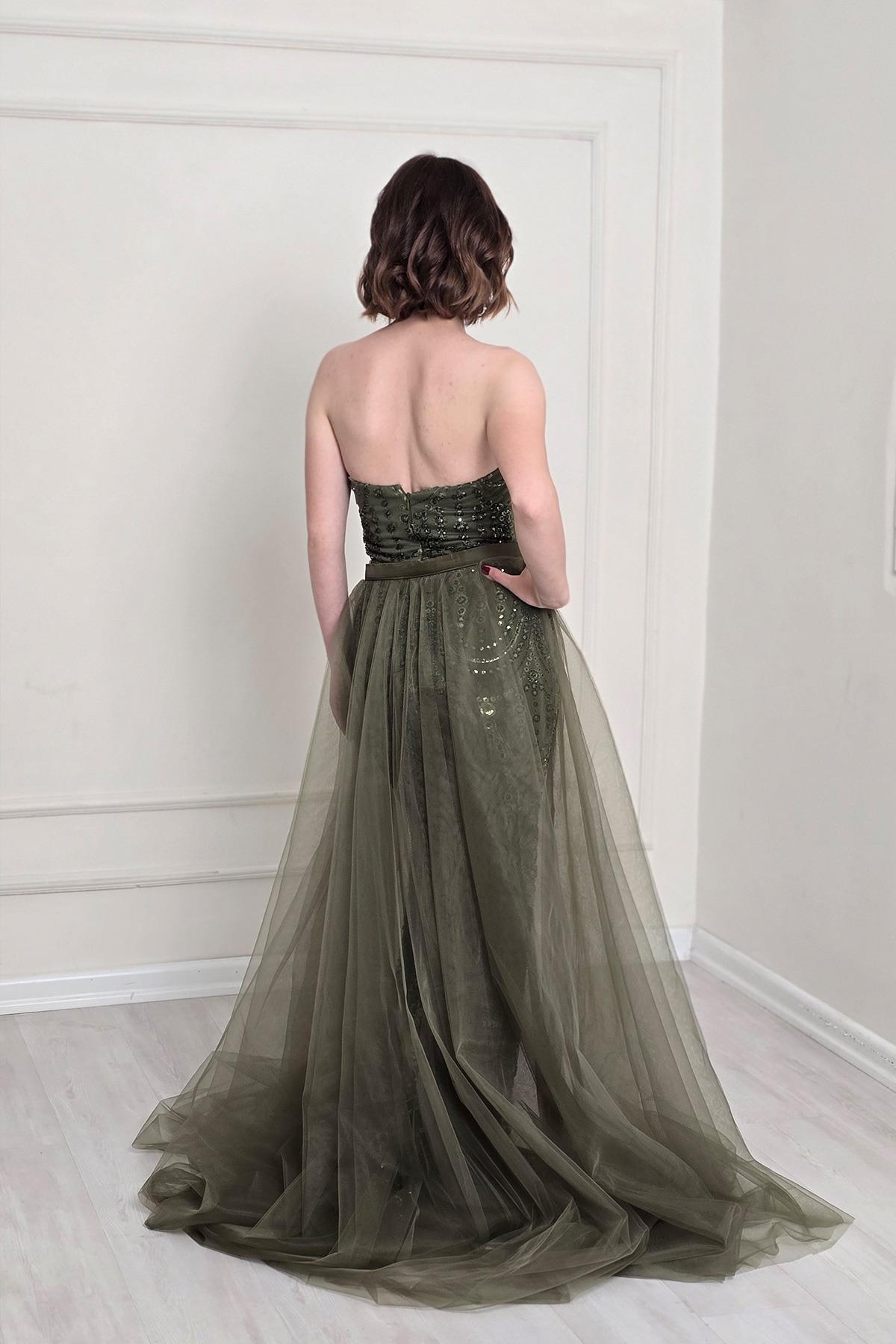 Haki Straplez Taşlı Abiye 5285