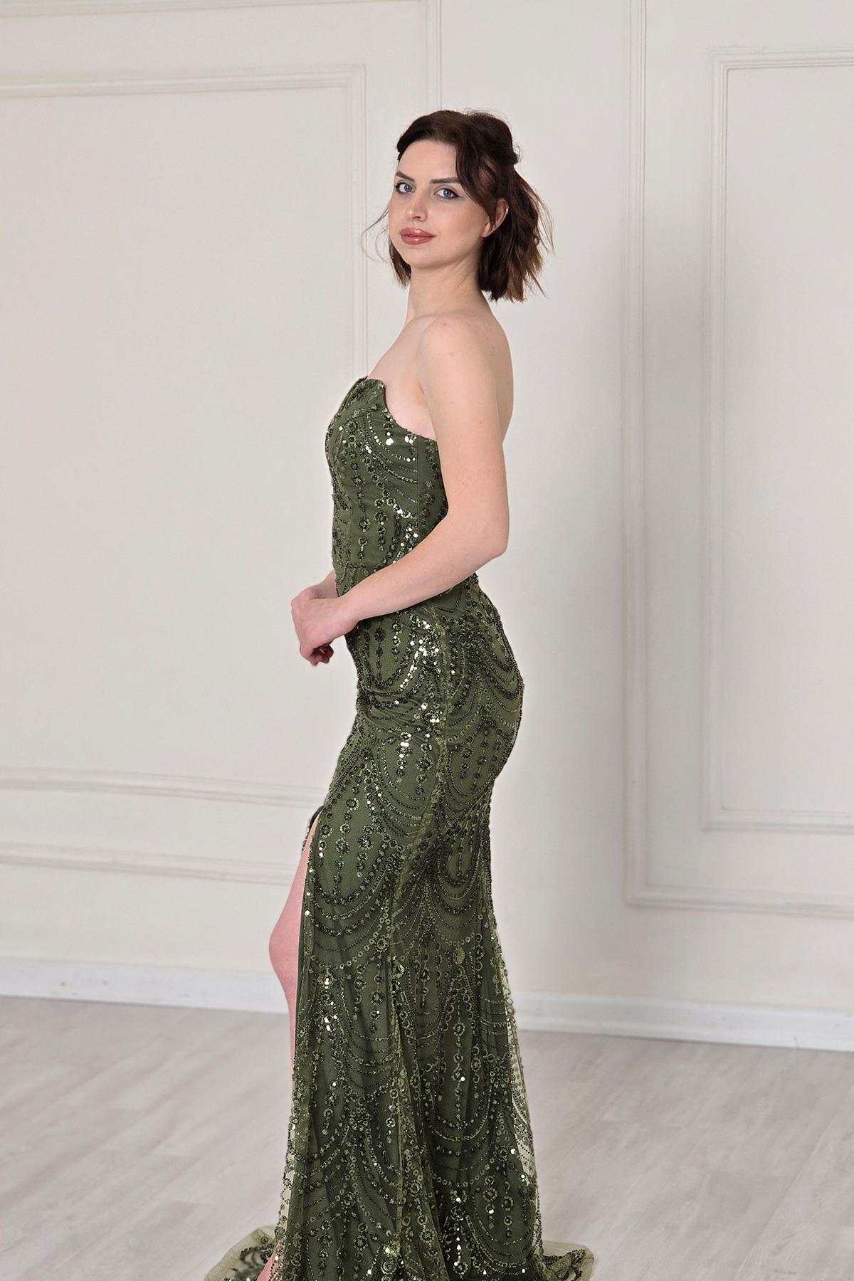 Haki Straplez Taşlı Abiye 5285