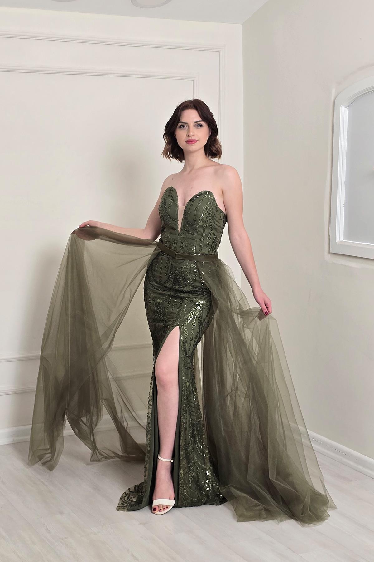 Haki Straplez Taşlı Abiye 5285