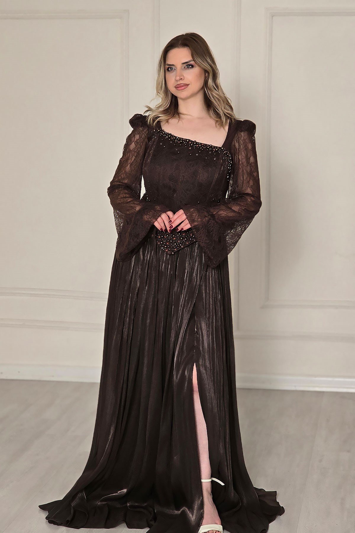 Kahverengi Dantelli Korseli Abiye 16200