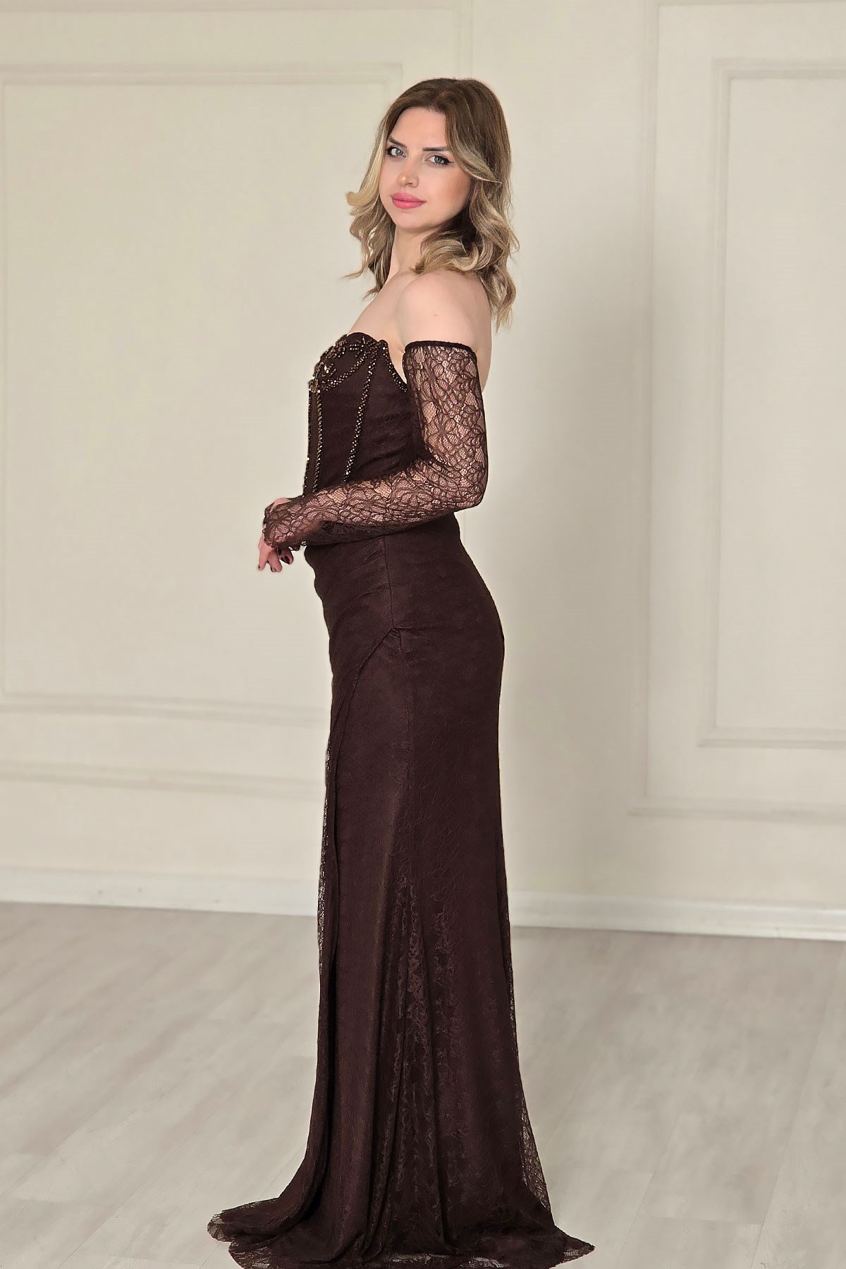 Kahverengi Korseli Dantel Abiye 7019