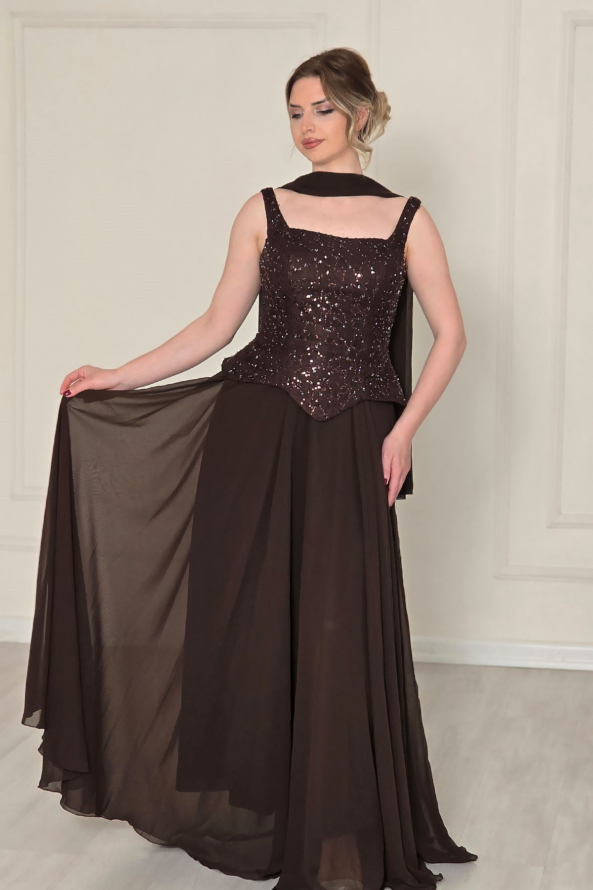 Kahverengi Şifon Dantelli Abiye 2752