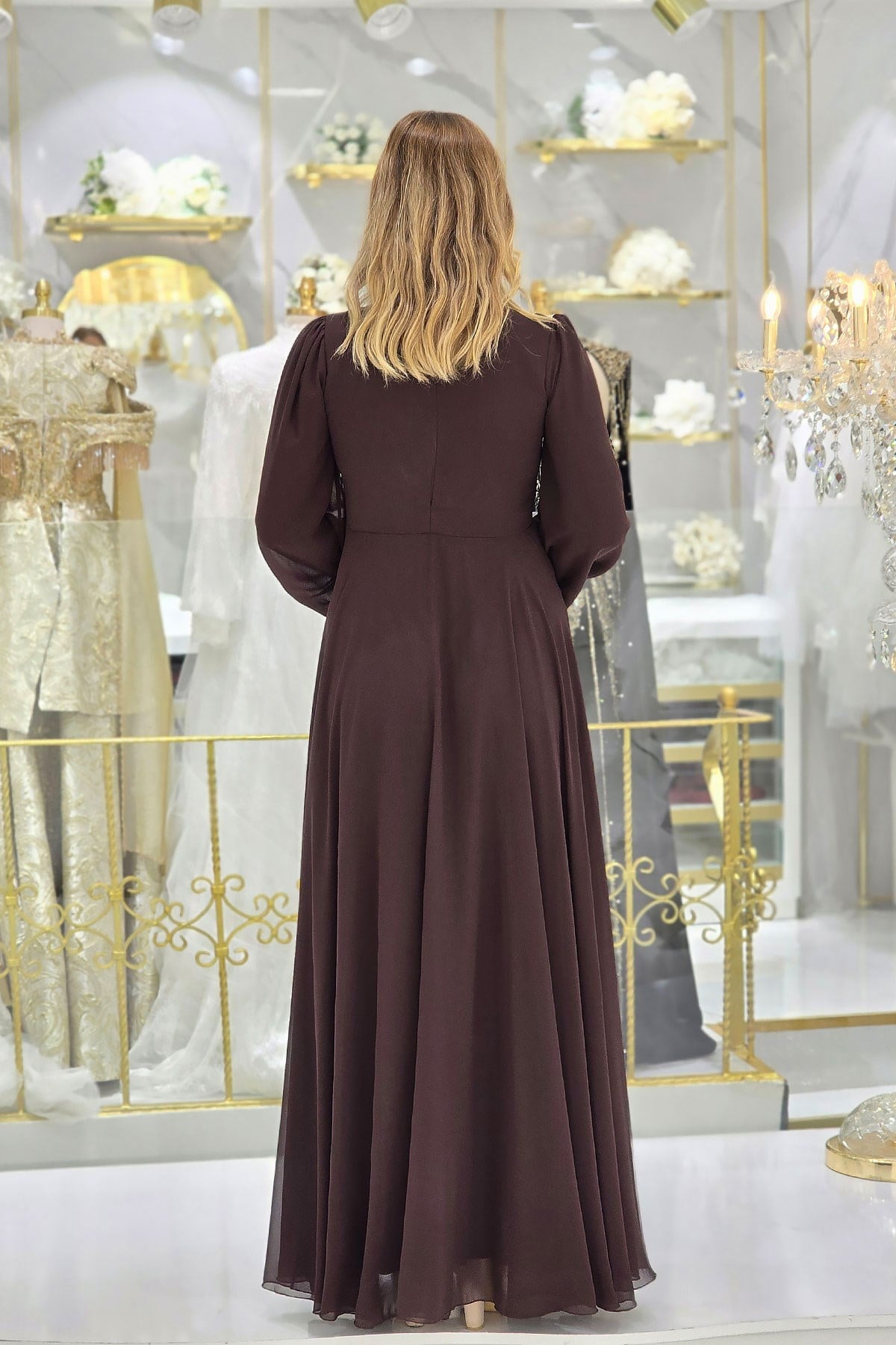 Kahverengi Taşlı Şifon Abiye 4925