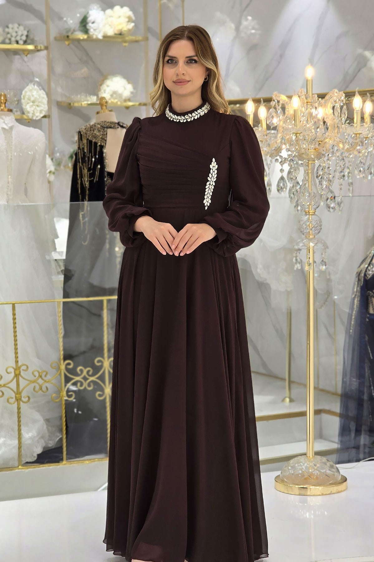 Kahverengi Taşlı Şifon Abiye 4925