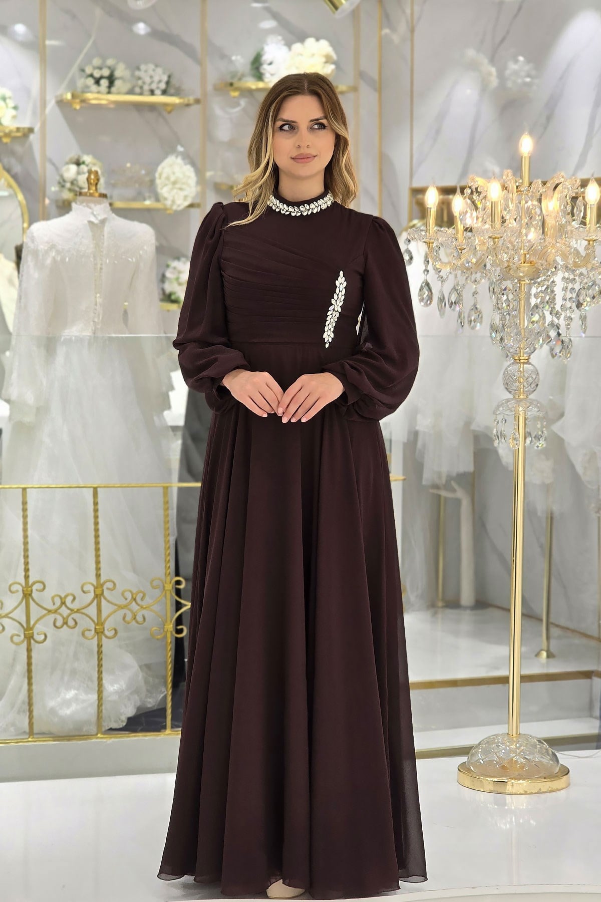 Kahverengi Taşlı Şifon Abiye 4925