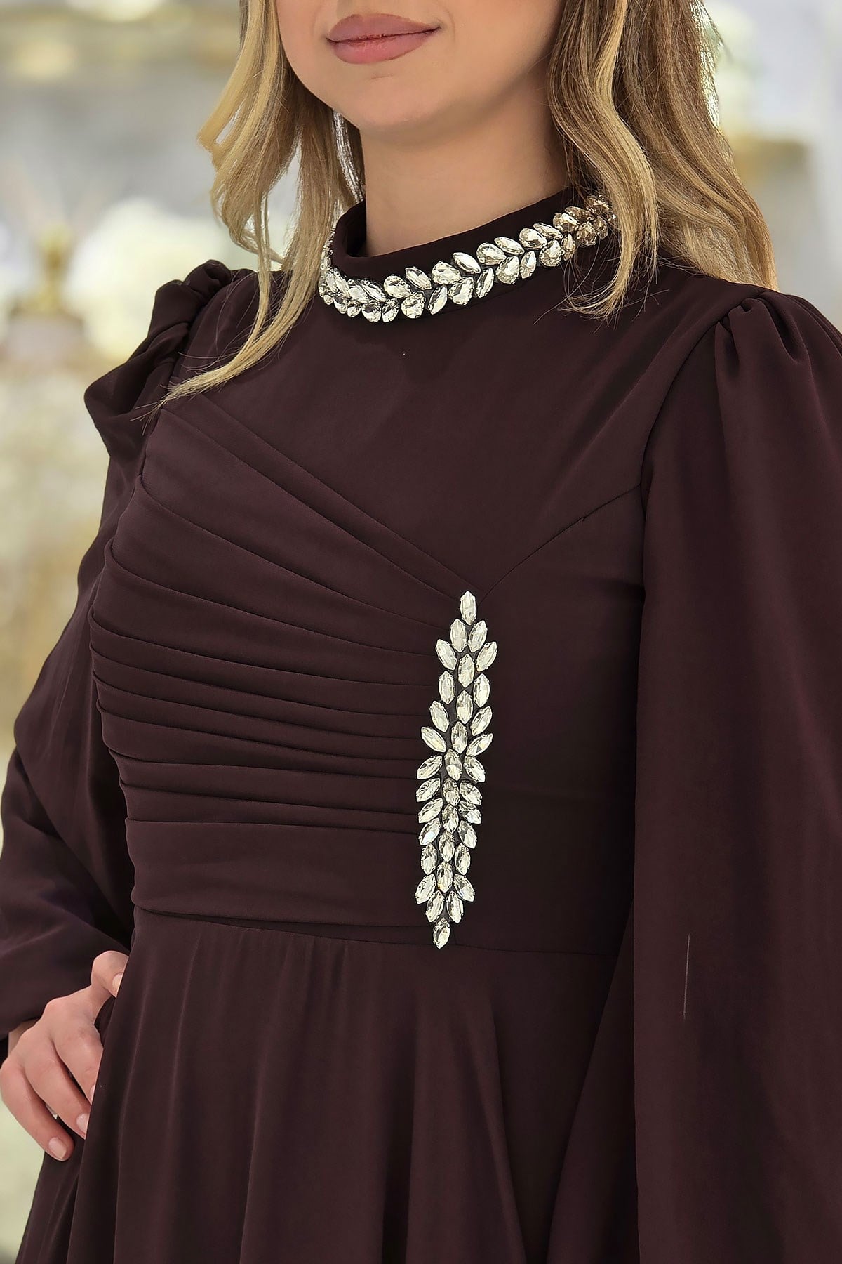 Kahverengi Taşlı Şifon Abiye 4925