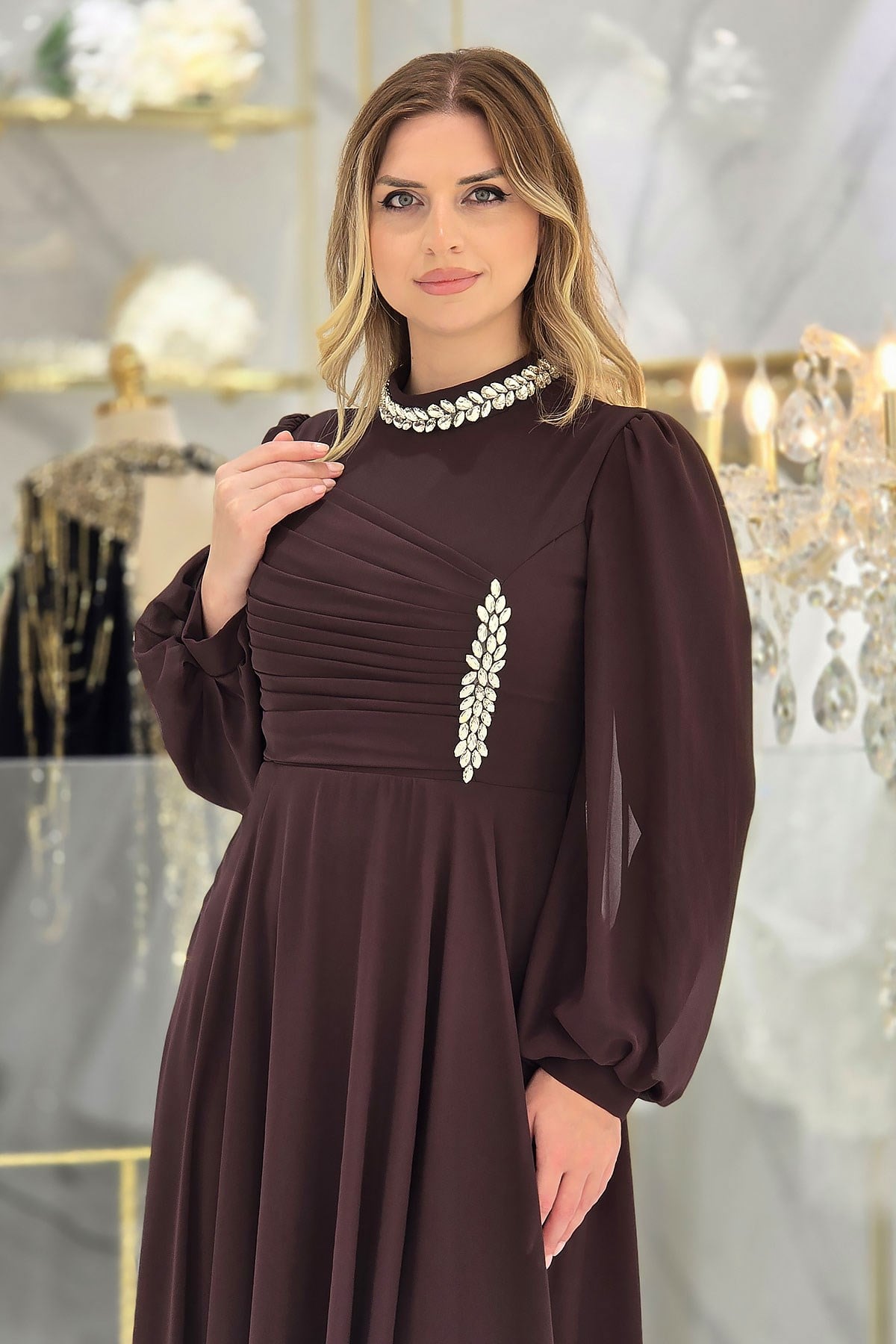 Kahverengi Taşlı Şifon Abiye 4925