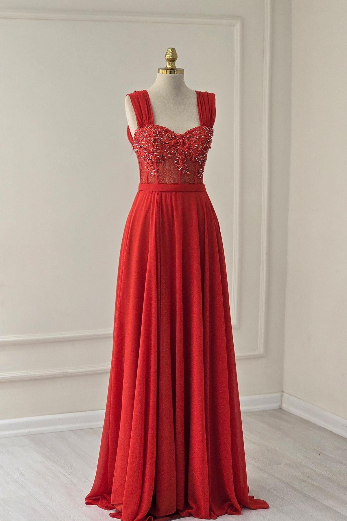 Kırmızı İşlemeli Şifon Abiye 19014