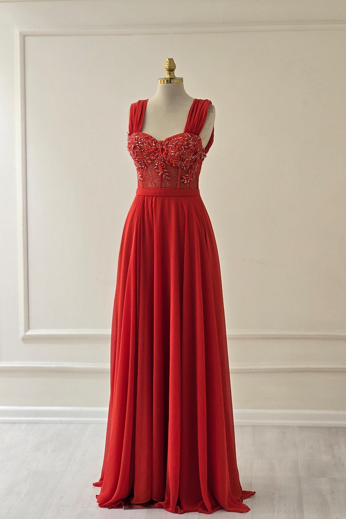 Kırmızı İşlemeli Şifon Abiye 19014