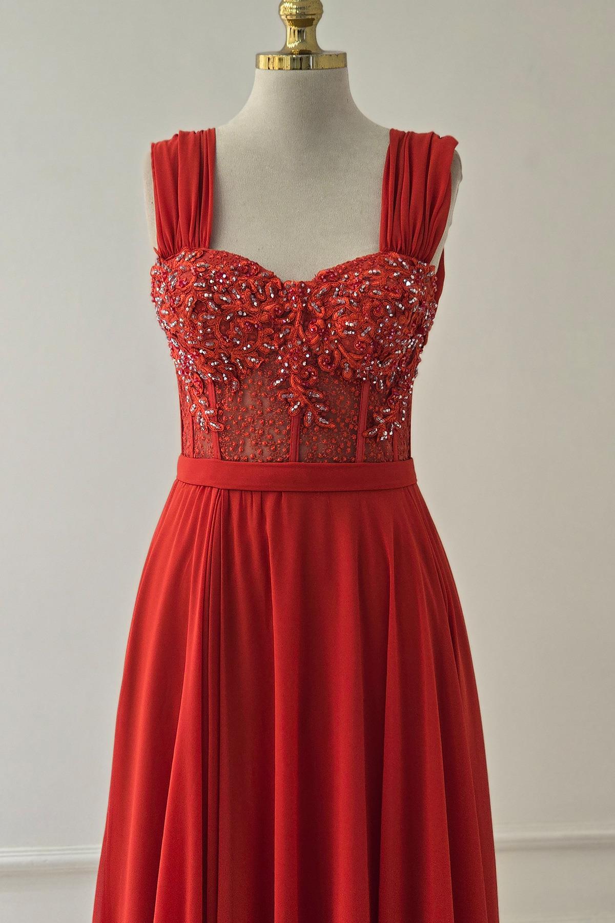 Kırmızı İşlemeli Şifon Abiye 19014