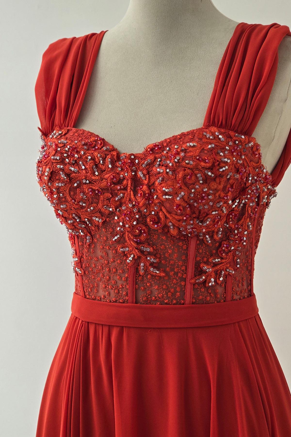 Kırmızı İşlemeli Şifon Abiye 19014