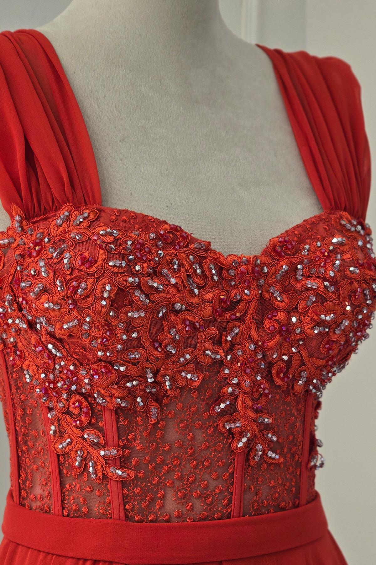 Kırmızı İşlemeli Şifon Abiye 19014