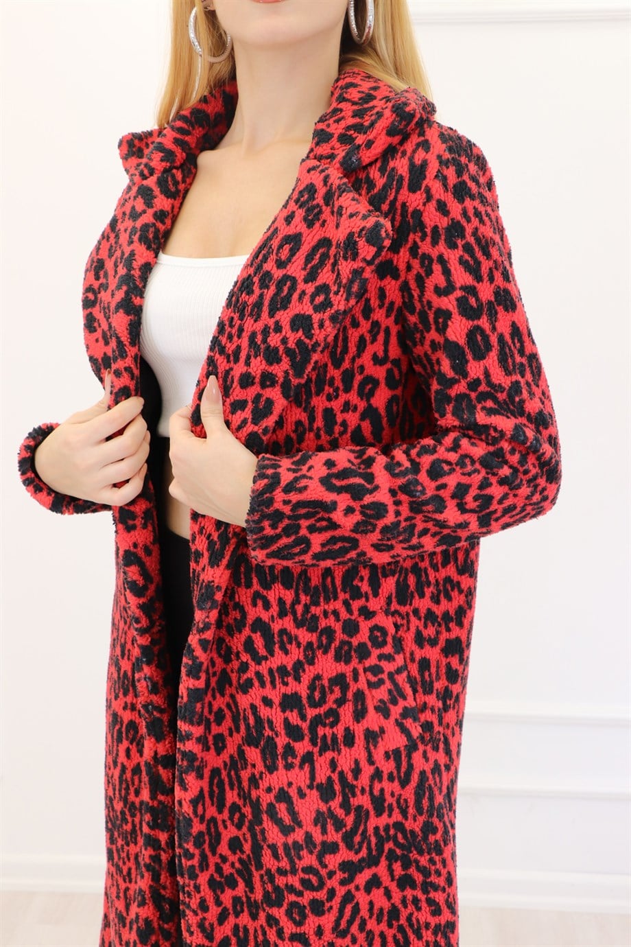 Kırmızı Leopar Desenli Teddy Peluş Mont 2003