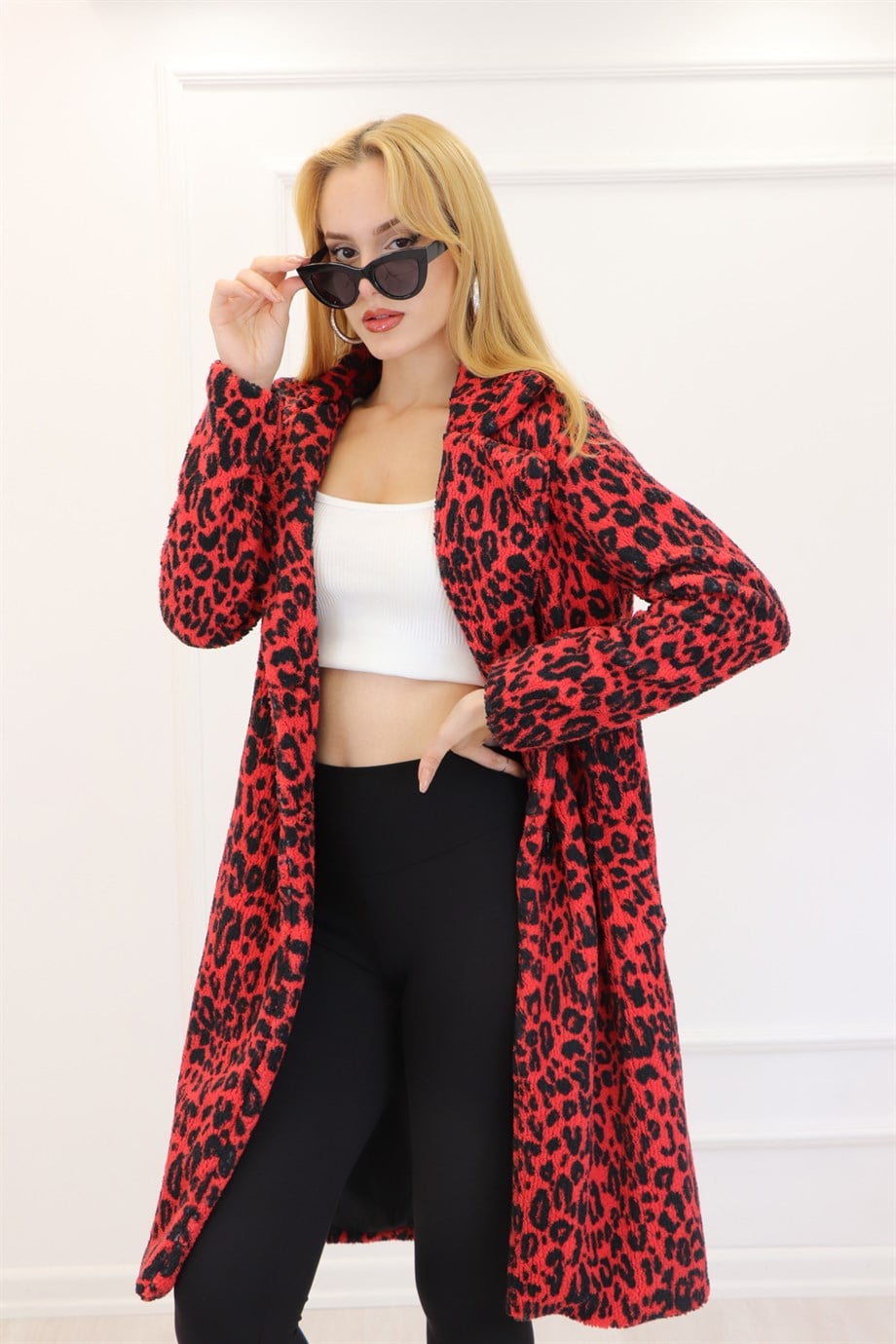 Kırmızı Leopar Desenli Teddy Peluş Mont 2003