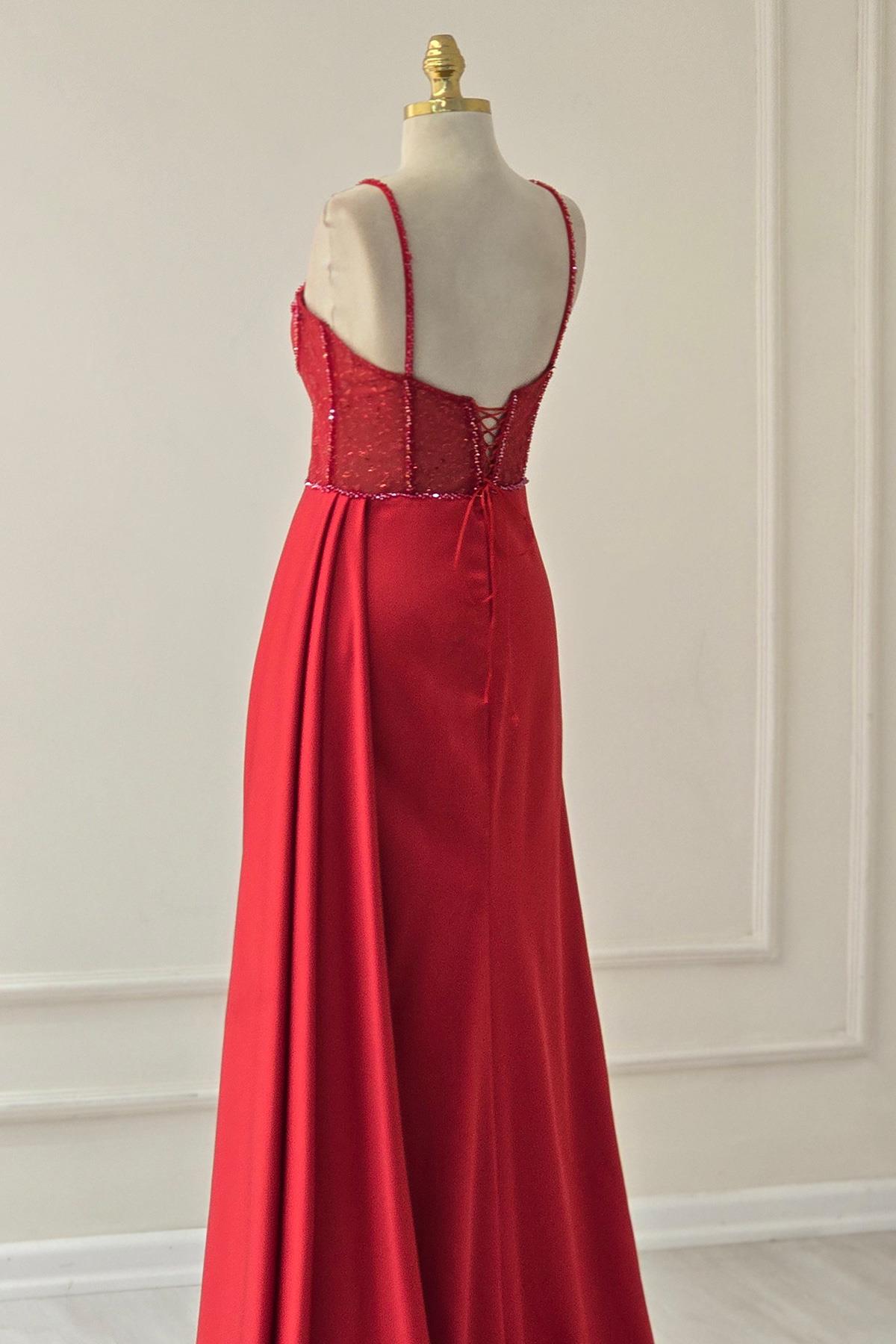 Kırmızı Saten Balenli İşlemeli Yırtmaçlı Abiye 20320