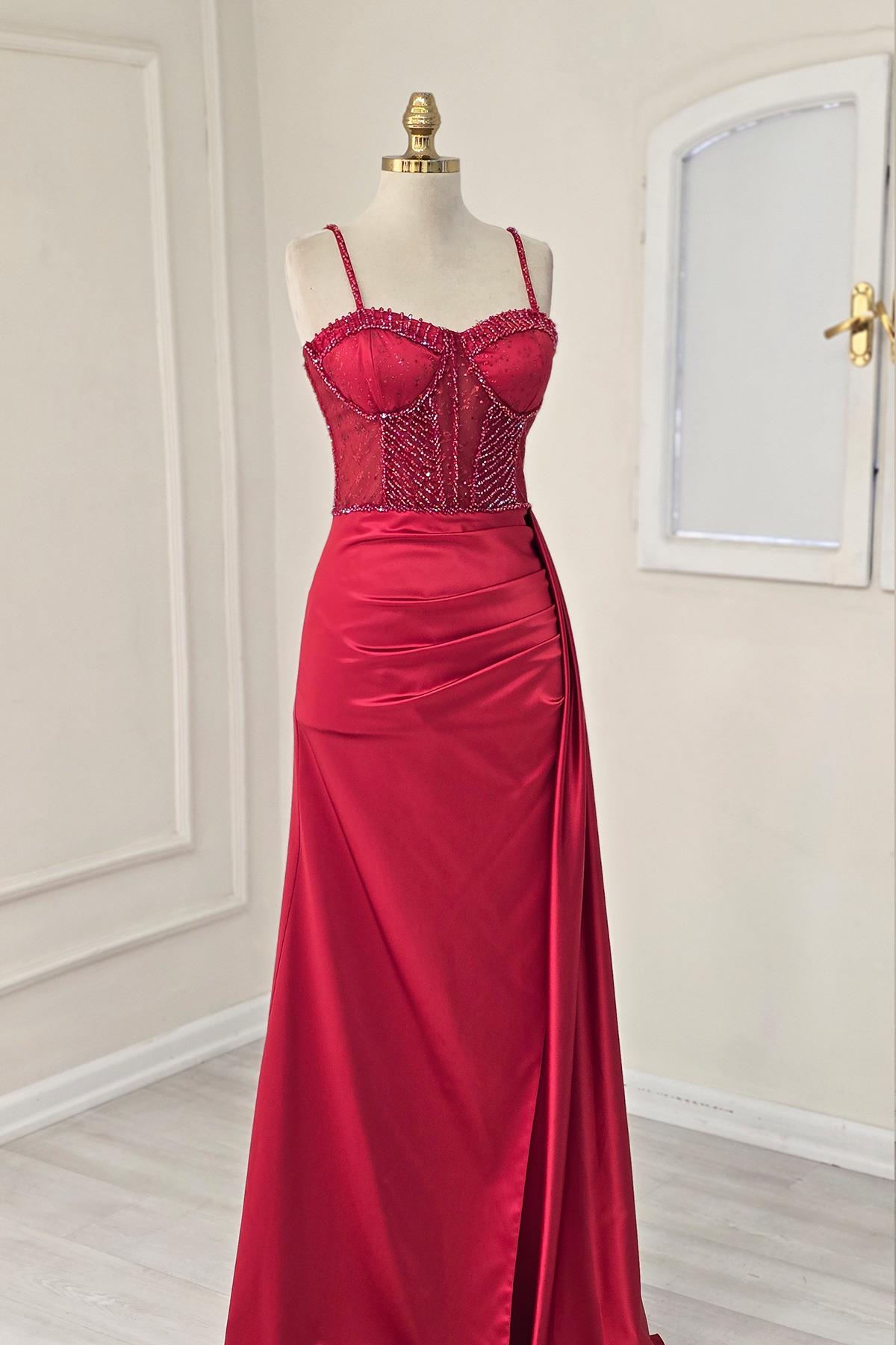 Kırmızı Saten Balenli İşlemeli Yırtmaçlı Abiye 20320