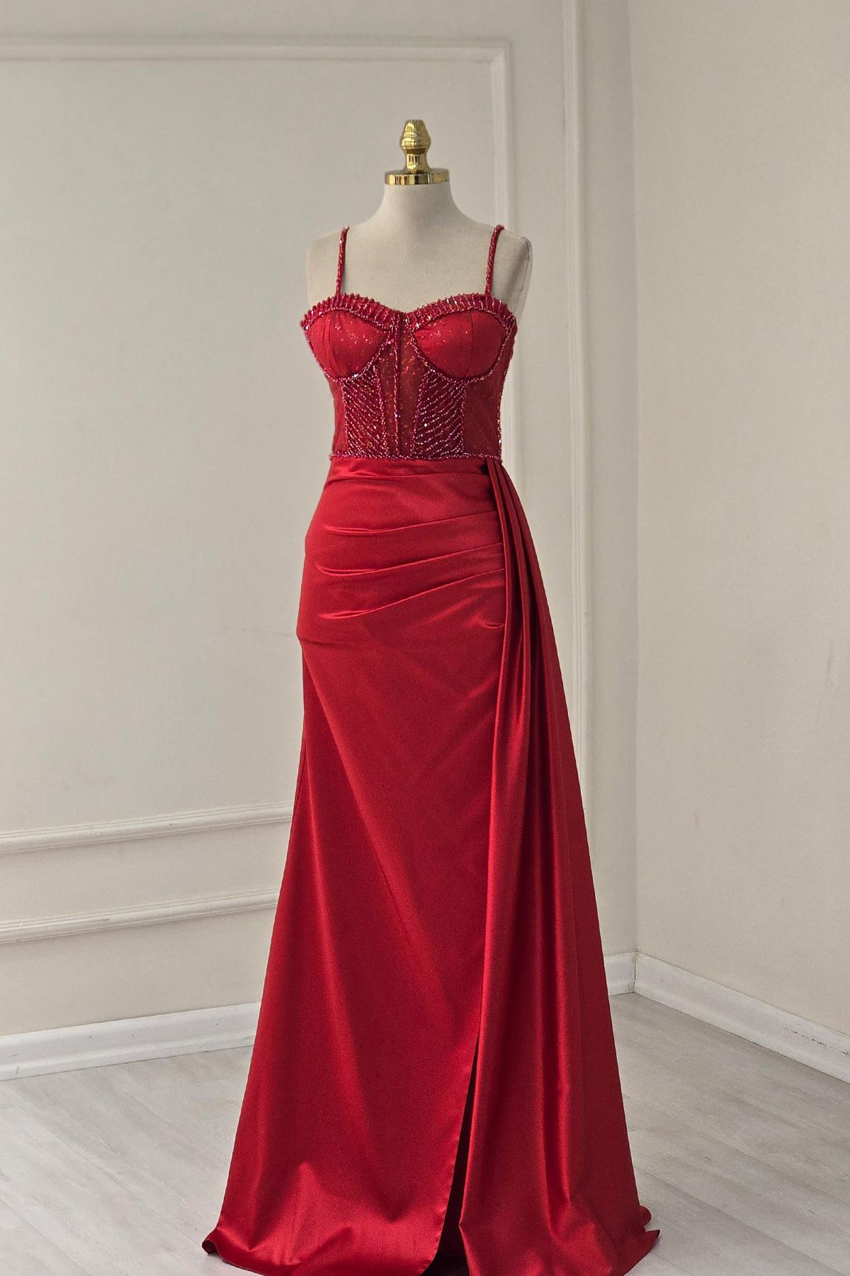 Kırmızı Saten Balenli İşlemeli Yırtmaçlı Abiye 20320