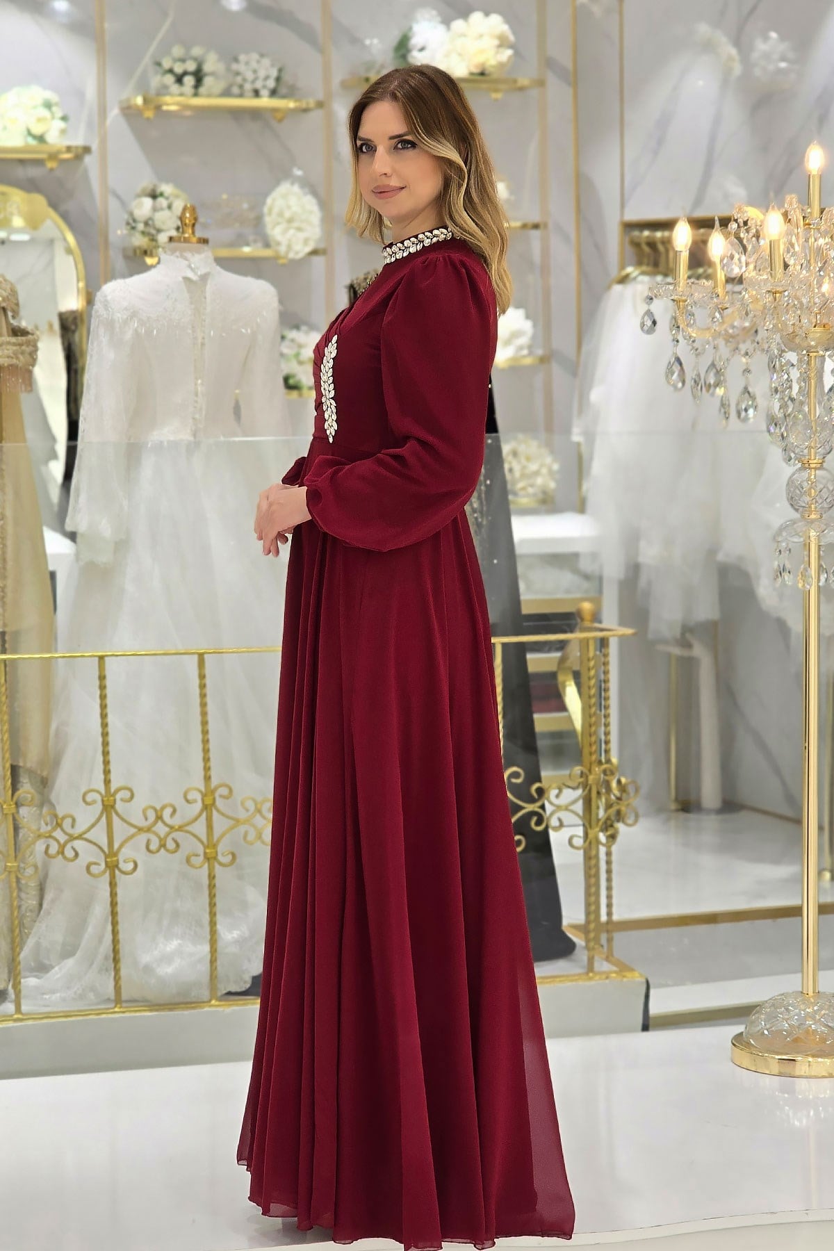 Kırmızı Taşlı Şifon Abiye 4925