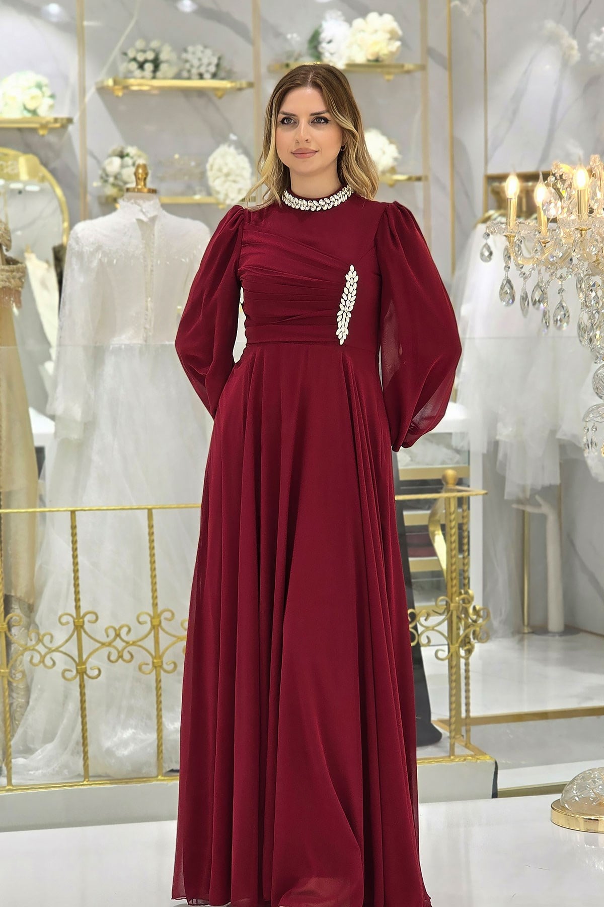 Kırmızı Taşlı Şifon Abiye 4925